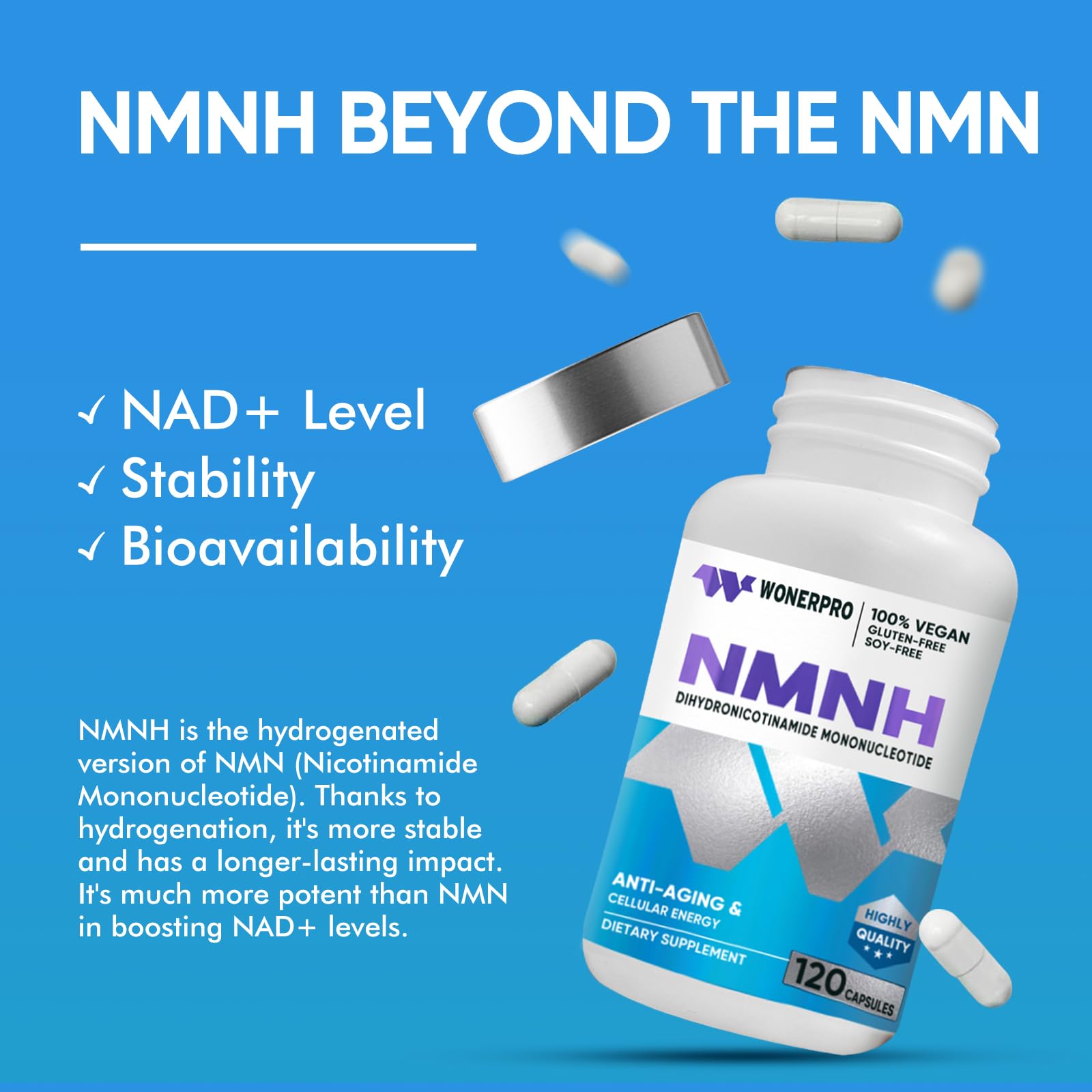 WONERPRO NMNH (NMN Supplement Alternative)，1000mg Per Serving NAD Supplement to Boost NAD+ Levels as We Age, for Anti Aging, Energy, Focus - 120 Capsule WONERPRO buy supplements canada