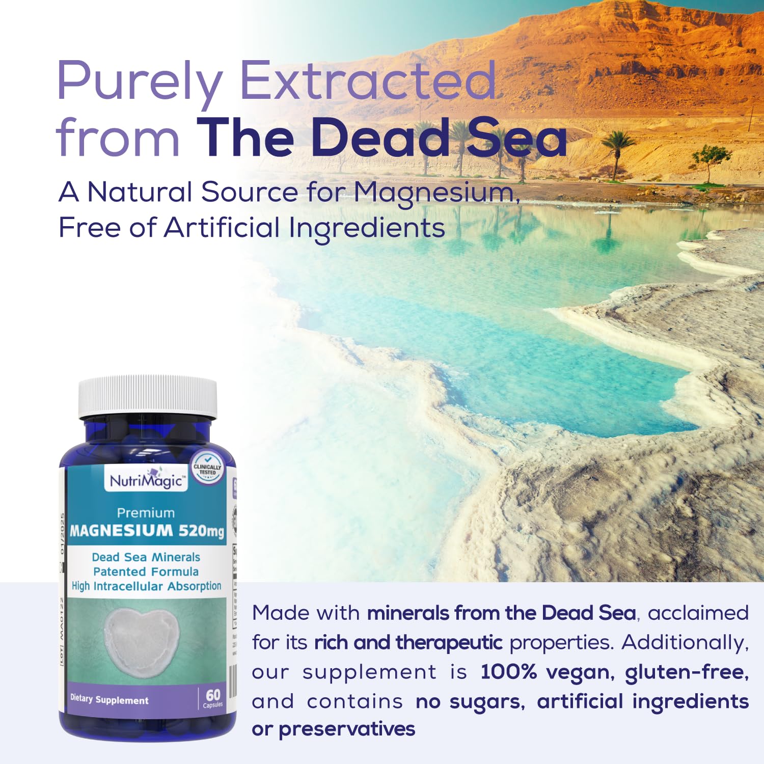 NutriMagic 520mg Patented High Absorption Elemental Magnesium from Oxide, Dead Sea Minerals Complex (1 Bottle, 2-Month Supply (60 Capsules)) NutriMagic buy supplements canada
