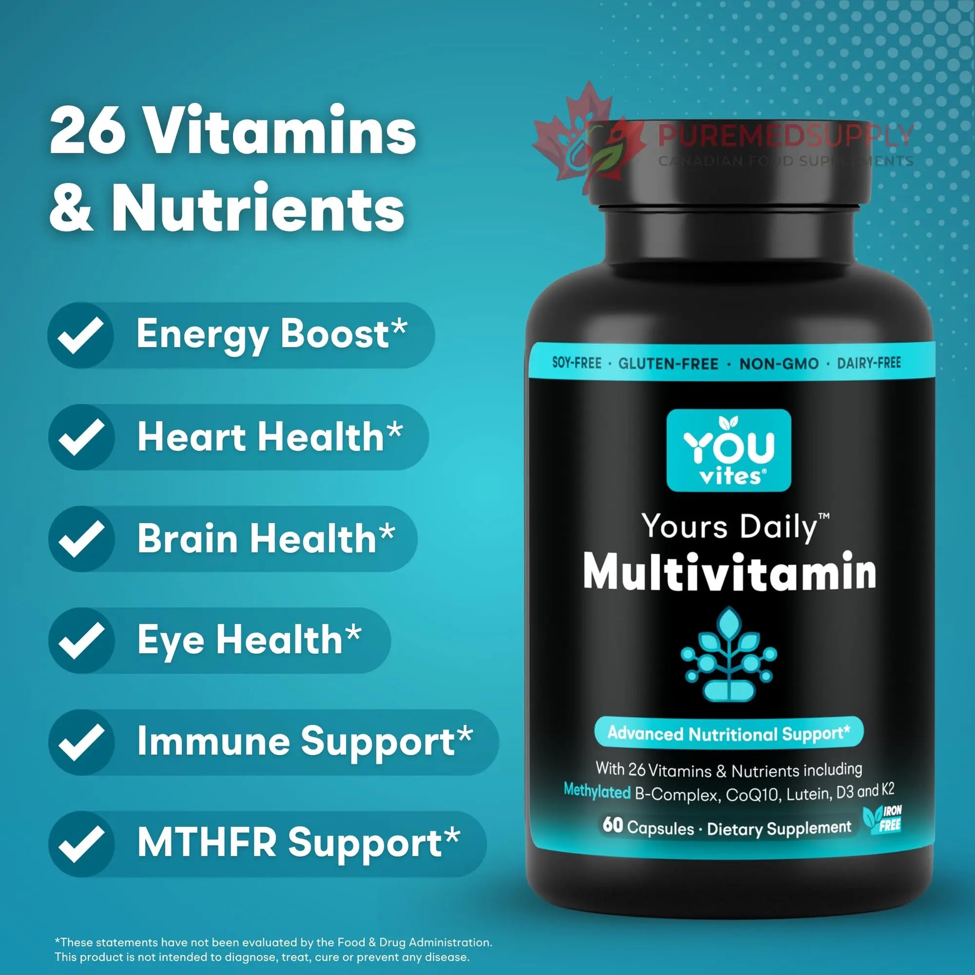 You Vites - Methylated Multivitamin for Men and Women, Methyl Multi Without Iron - 60 Capsules, MTHFR Supplement with Methyl B12, Methylfolate (5-MTHF), CoQ10 for Energy, Heart and Mood Support You Vites buy supplements canada