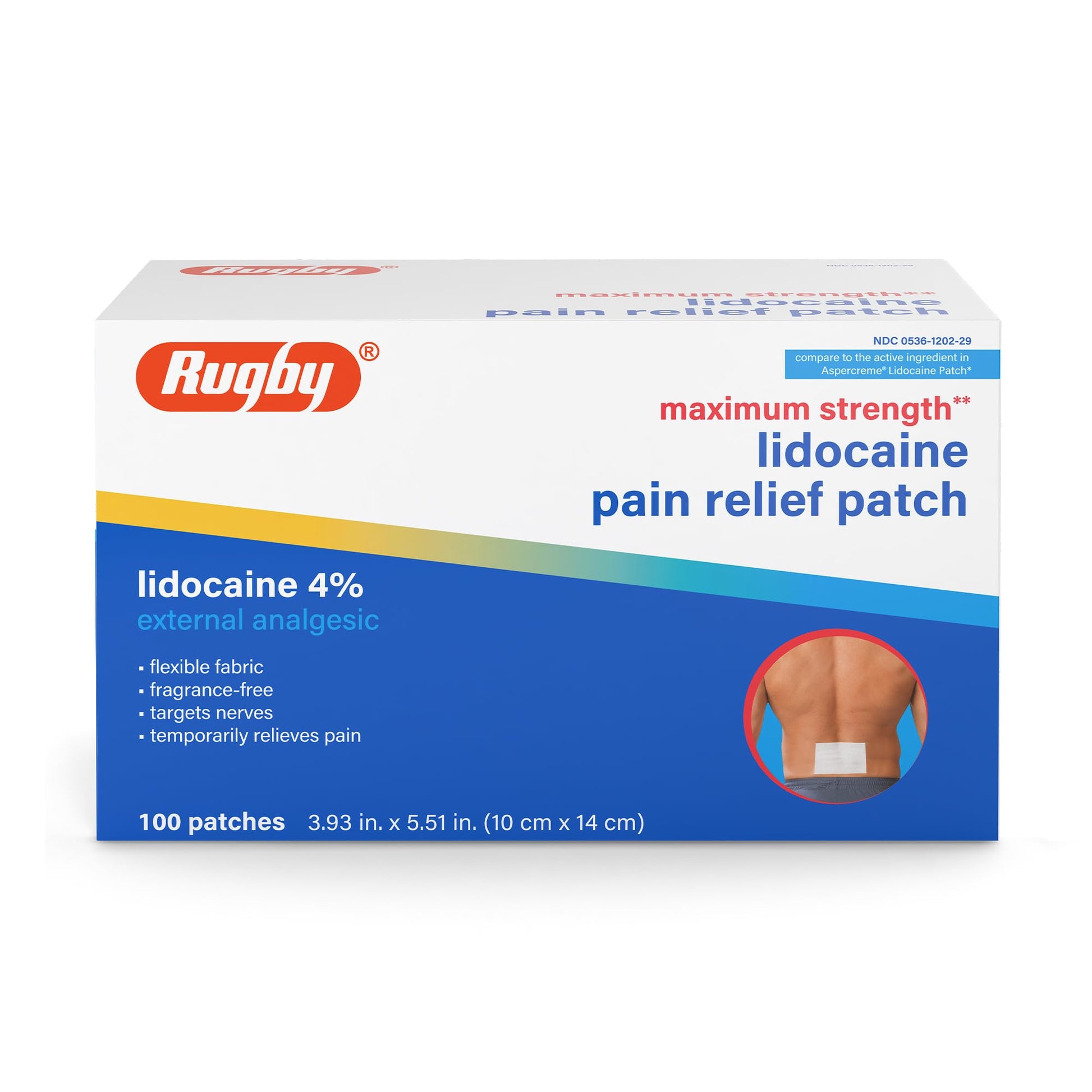 Rugby Maximum Strength 4% Lidocaine Pain Relief Patch- External Analgesic - Flexible Fabric, Fragrance-Free - Temporarily Relieves Pain - 100 Patches (10 cm x 14 cm Each) RUGBY LABORATORIES buy supplements canada