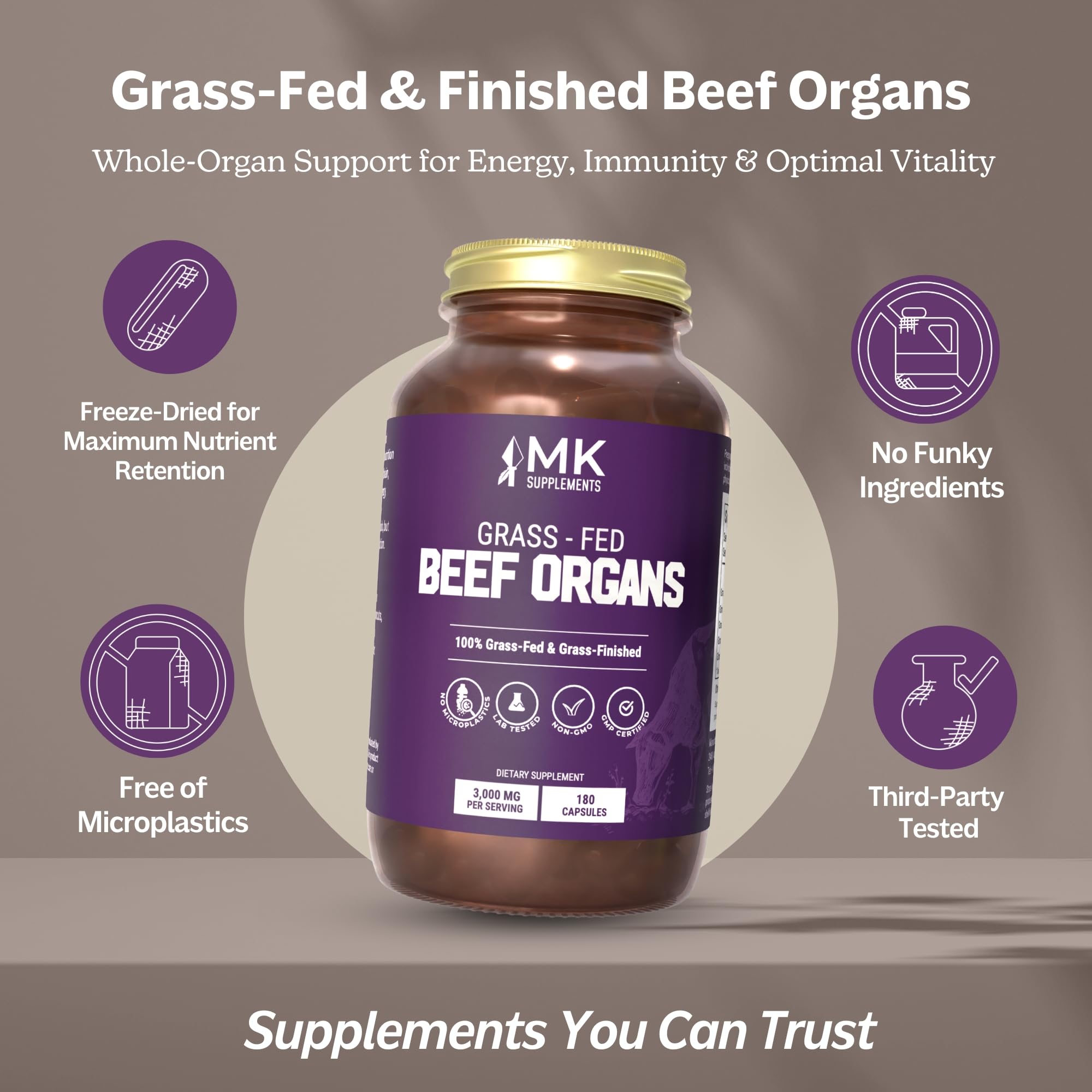 MK Supplements Grass-Fed Beef Organs Capsules | 5 Organs in Nature-Identical Ratios | B12, Copper & Heme Iron | Regeneratively Raised | 150 Capsules MK Supplements buy supplements canada