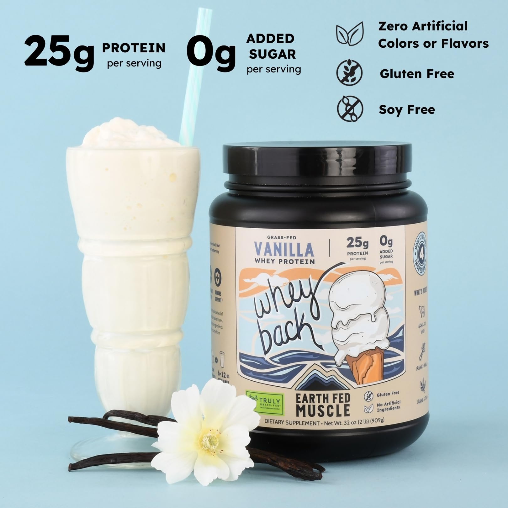 Earth Fed Muscle Whey Back Irish Grass Fed Whey Protein Isolate, Third-Party Certified. 25g Protein, Vanilla - Non-GMO, Hormone Free, Soy Free, Gluten Free - 2 LB, 29 Servings Earth Fed Muscle buy supplements canada