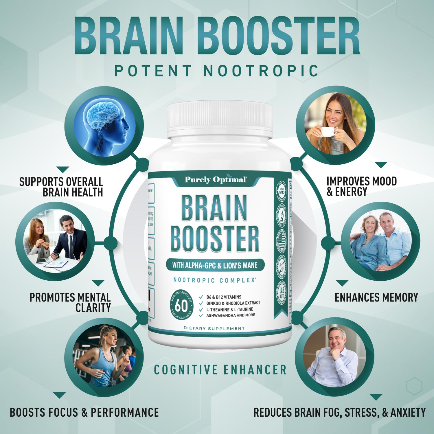 Purely Optimal Brain Booster Nootropic Supplement – Brain Support for Memory, Focus, Clarity, Jitter-Free Energy for Adults, Seniors– with Ginkgo Biloba, Alpha GPC, Lion’s Mane – 60 Capsules Purely Optimal buy supplements canada