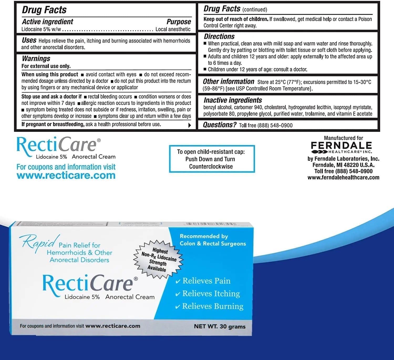 Recticare Anorectal Lidocaine 5% Cream: Topical Numbing Cream for Treatment of Hemorrhoids & Other Anorectal Disorders - 30g Tube Recticare buy supplements canada