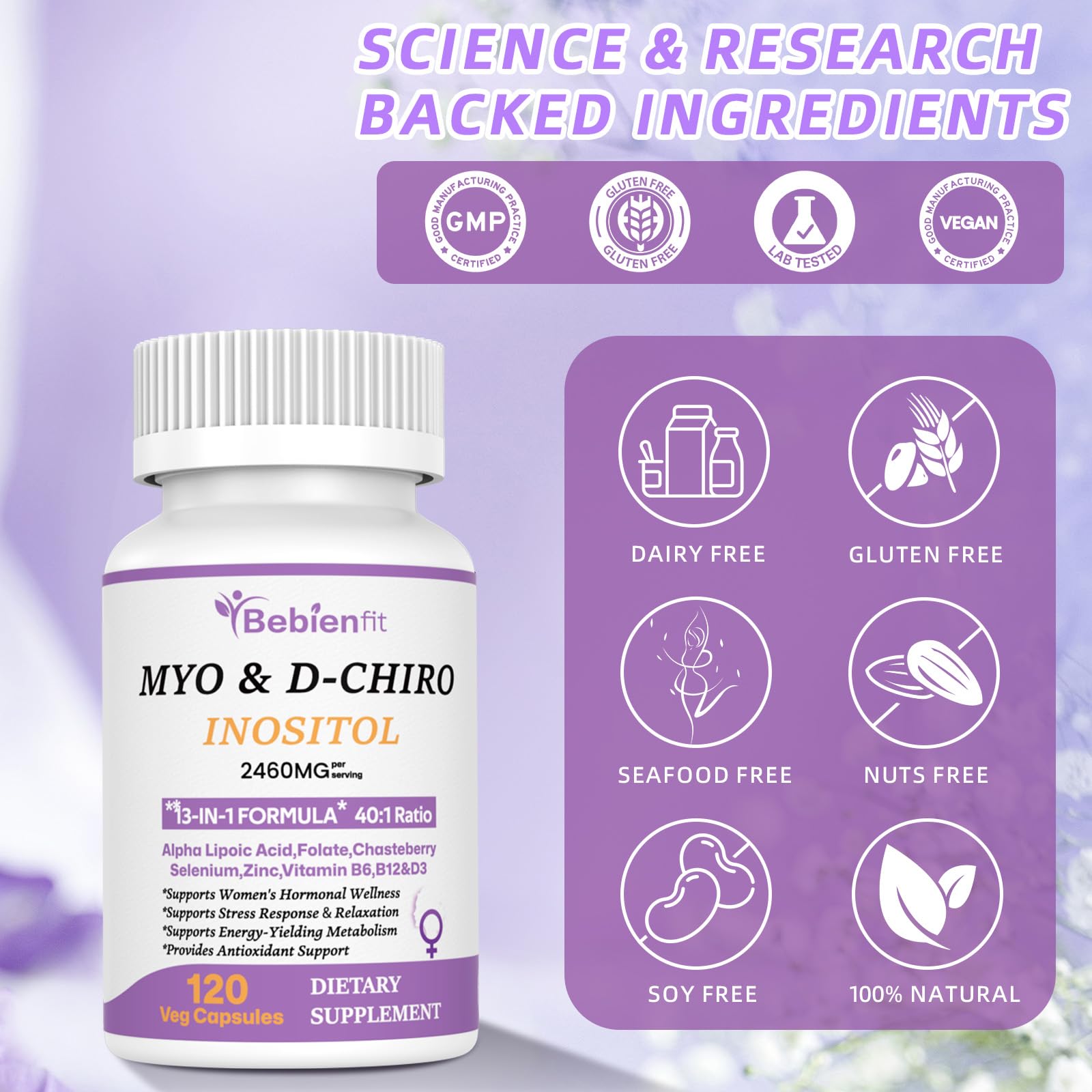 13-in-1 Myo Inositol & D-Chiro Inositol for Women PCOS,Hormonal Balance,2460mg-40:1 Ratio,Ovarian Health&Cycle Support Supplement Plus Alpha Lipoic Acid/Folate/Vitex/Magnesium/Multivitamin,120 Veg Cap Bebien fit buy supplements canada