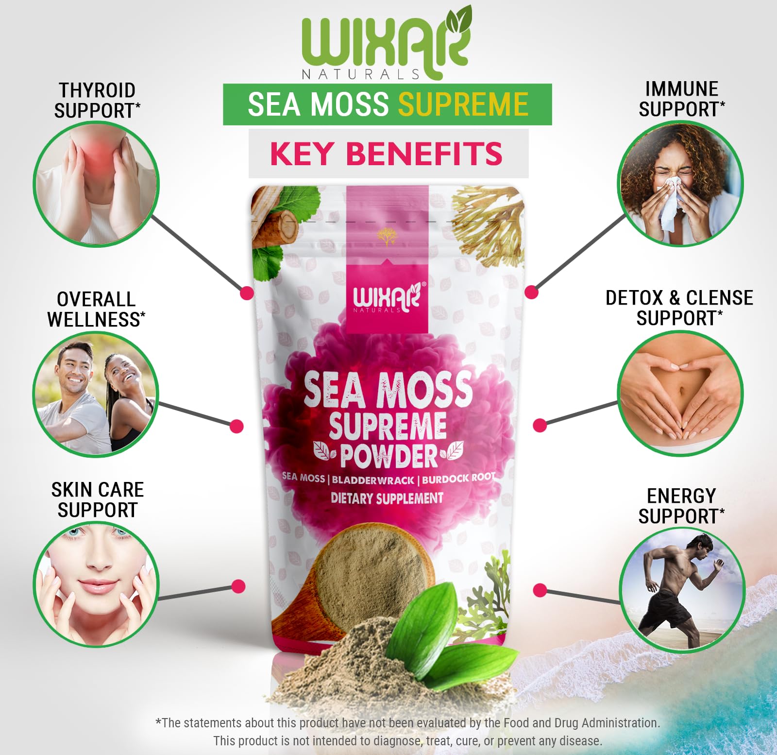 Wixar Wildcrafted Sea Moss Powder – (8 Ounces) – Natural Irish Sea Moss and Bladderwrack with Burdock Powder - Thyroid Support, Healthy Skin, Keto Detox, Joint Support Alkaline Supplements WIXAR NATURALS buy supplements canada