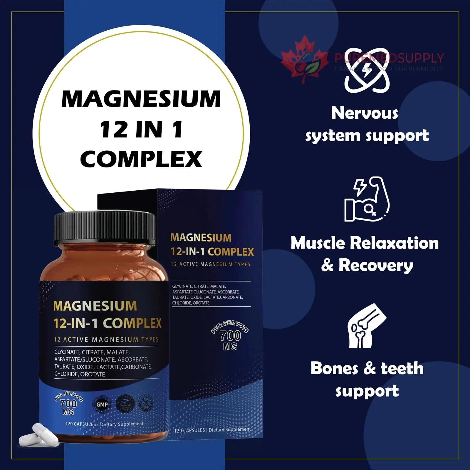 Puravita Magnesium Complex 700mg 12 in 1 Magnesium Supplement with Glycinate, Citrate, Malate & More | Easy Absorption, Energy Support, Vegan & Non-GMO | 120 Capsules (1pc) YPRYPR buy supplements canada