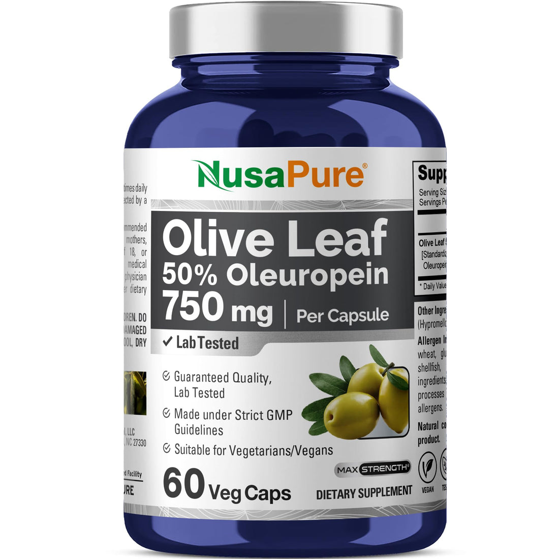 NusaPure Olive Leaf Extract 750 mg - 50% Oleuropein - Vegan and Vegetarian Non-GMO - Super Strength - No Oil - 60 Capsules NusaPure buy supplements canada