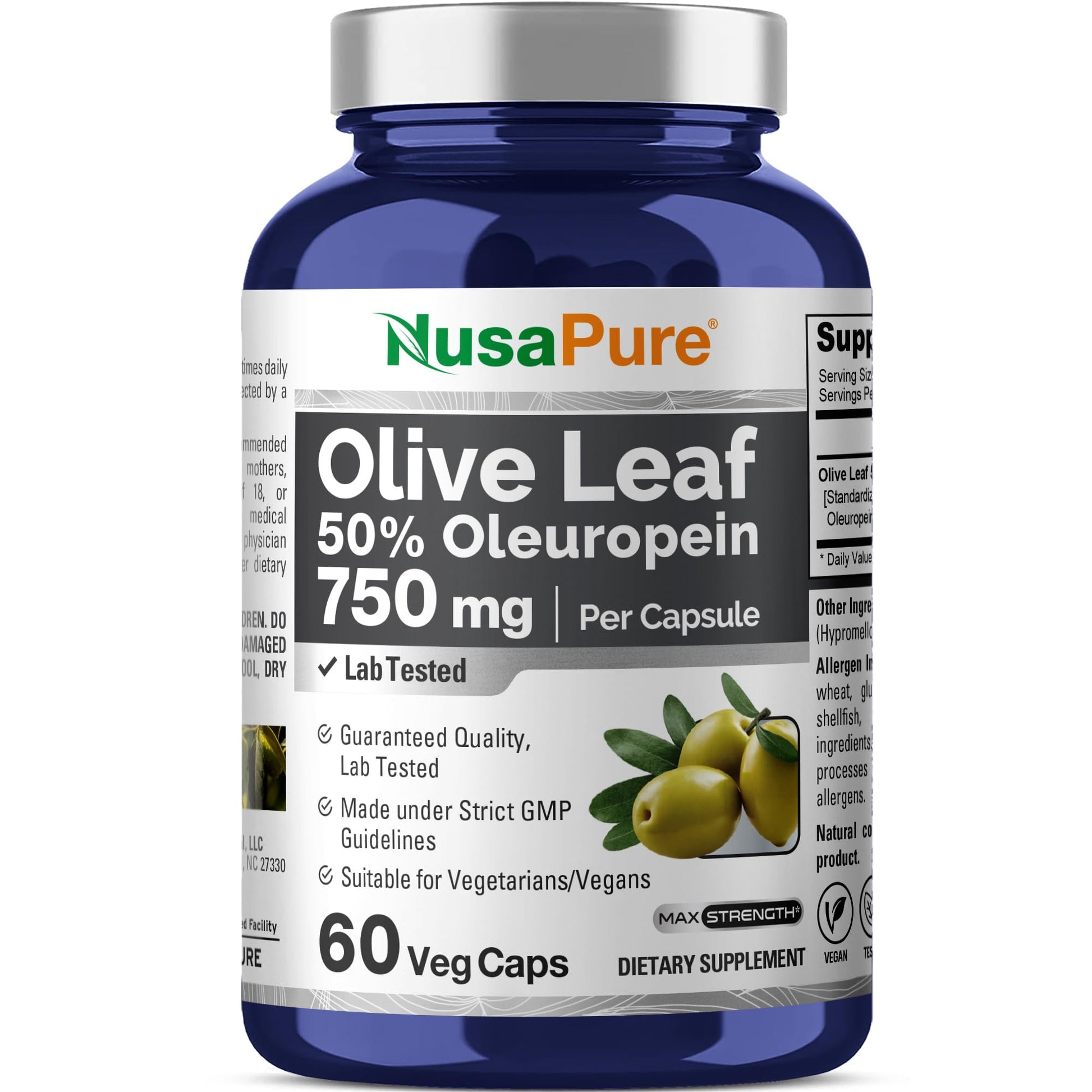 NusaPure Olive Leaf Extract 750 mg - 50% Oleuropein - Vegan and Vegetarian Non-GMO - Super Strength - No Oil - 60 Capsules NusaPure buy supplements canada