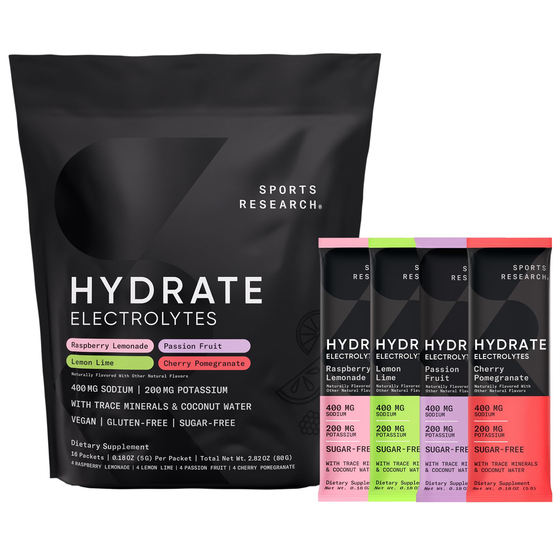 Sports Research® Hydrate Electrolytes Powder Packets - Sugar-Free & Naturally Flavored with Vitamins, Minerals, and Coconut Water - Supports Hydration - 16 Packets - Variety Pack Sports Research buy supplements canada