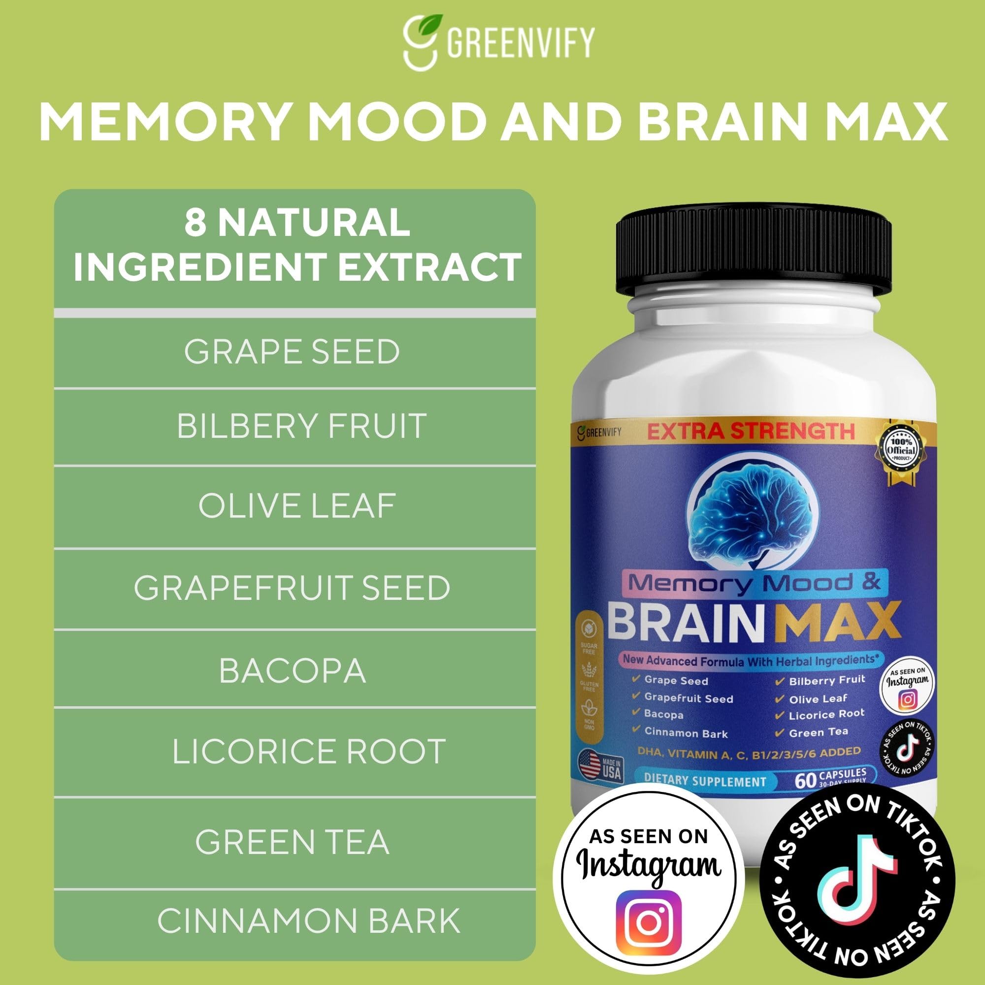 Memory, Mood & Brain Max Extra Strength Supplement with Herbal Ingredients, 60 Capsules, DHA, Vitamins, Bacopa, Green Tea (1) GREENVIFY buy supplements canada