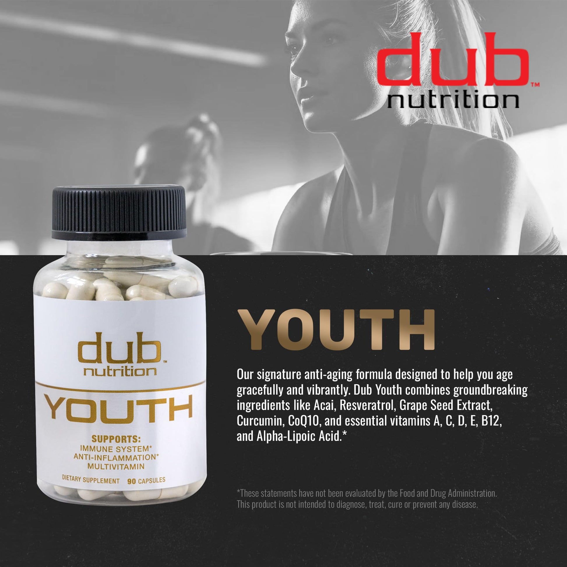 Dub Nutrition Youth - Formula with Acai, Resveratrol, Curcumin, Vitamins A, C, D, E, B12, and CoQ10 - Supports Immunity and Mobility - 90 Capsules Dub Nutrition buy supplements canada