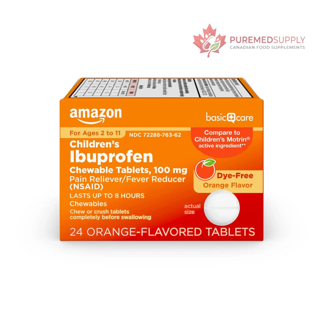 Amazon Basic Care Children's Ibuprofen Chewable Tablets 100 mg, Orange Flavor, Dye Free, Pain Reliever and Fever Reducer (NSAID), For Ages 2-11, 24 Count Amazon Basic Care buy supplements canada