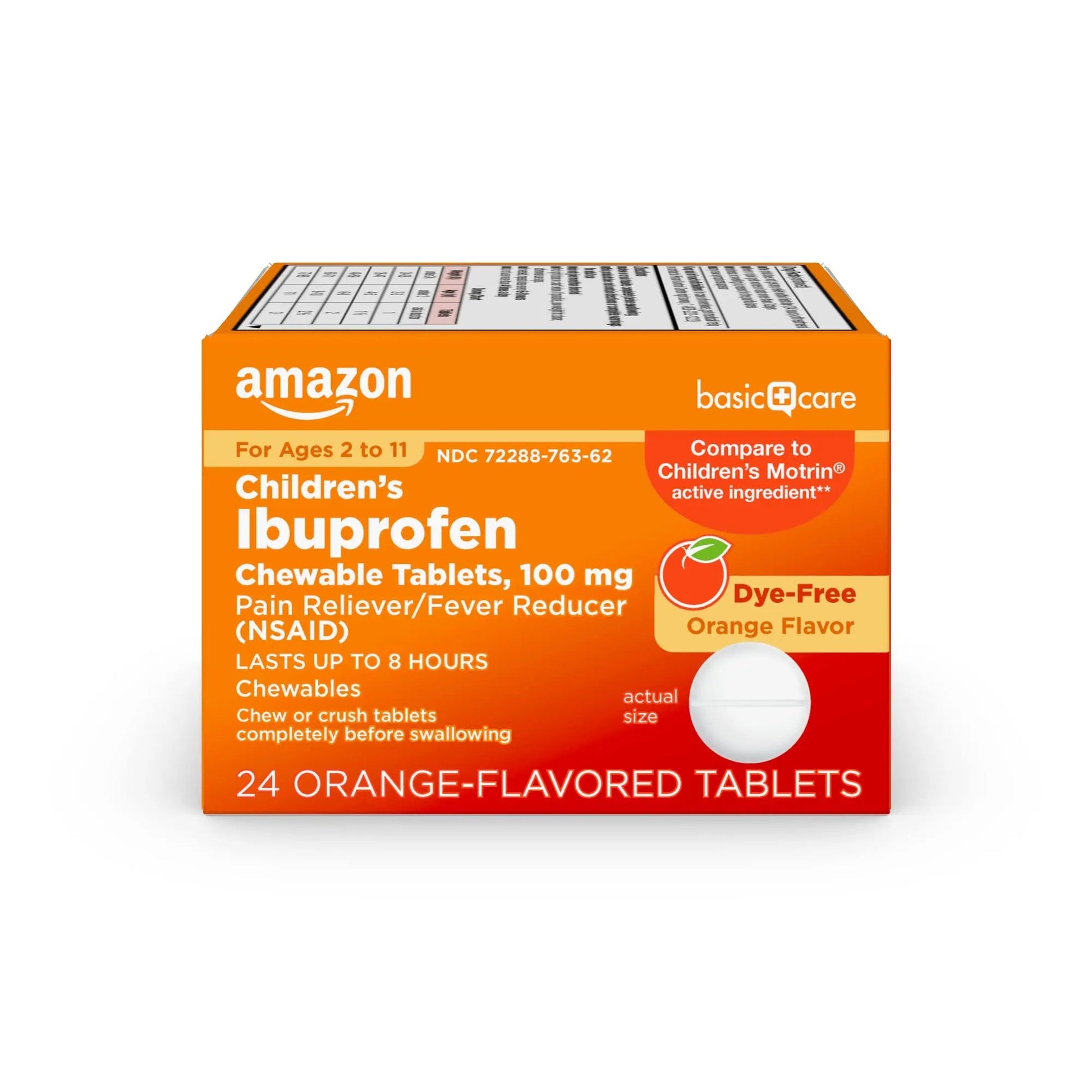 Amazon Basic Care Children's Ibuprofen Chewable Tablets 100 mg, Orange Flavor, Dye Free, Pain Reliever and Fever Reducer (NSAID), For Ages 2-11, 24 Count Amazon Basic Care buy supplements canada