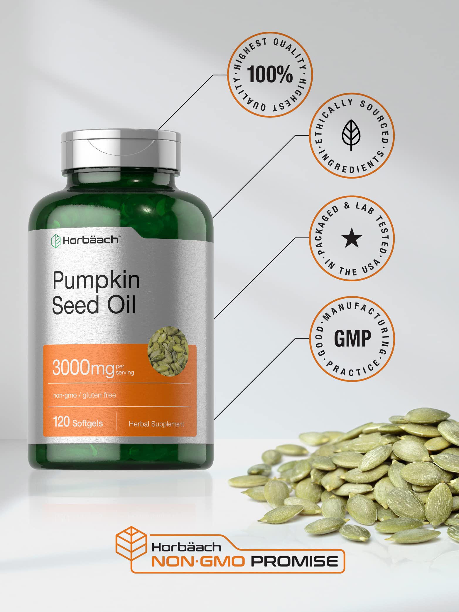 Horbäach Pumpkin Seed Oil | 3000mg | 120 Softgel Capsules | Cold Pressed Dietary Supplement | Non-GMO and Gluten Free Formula Horbäach buy supplements canada