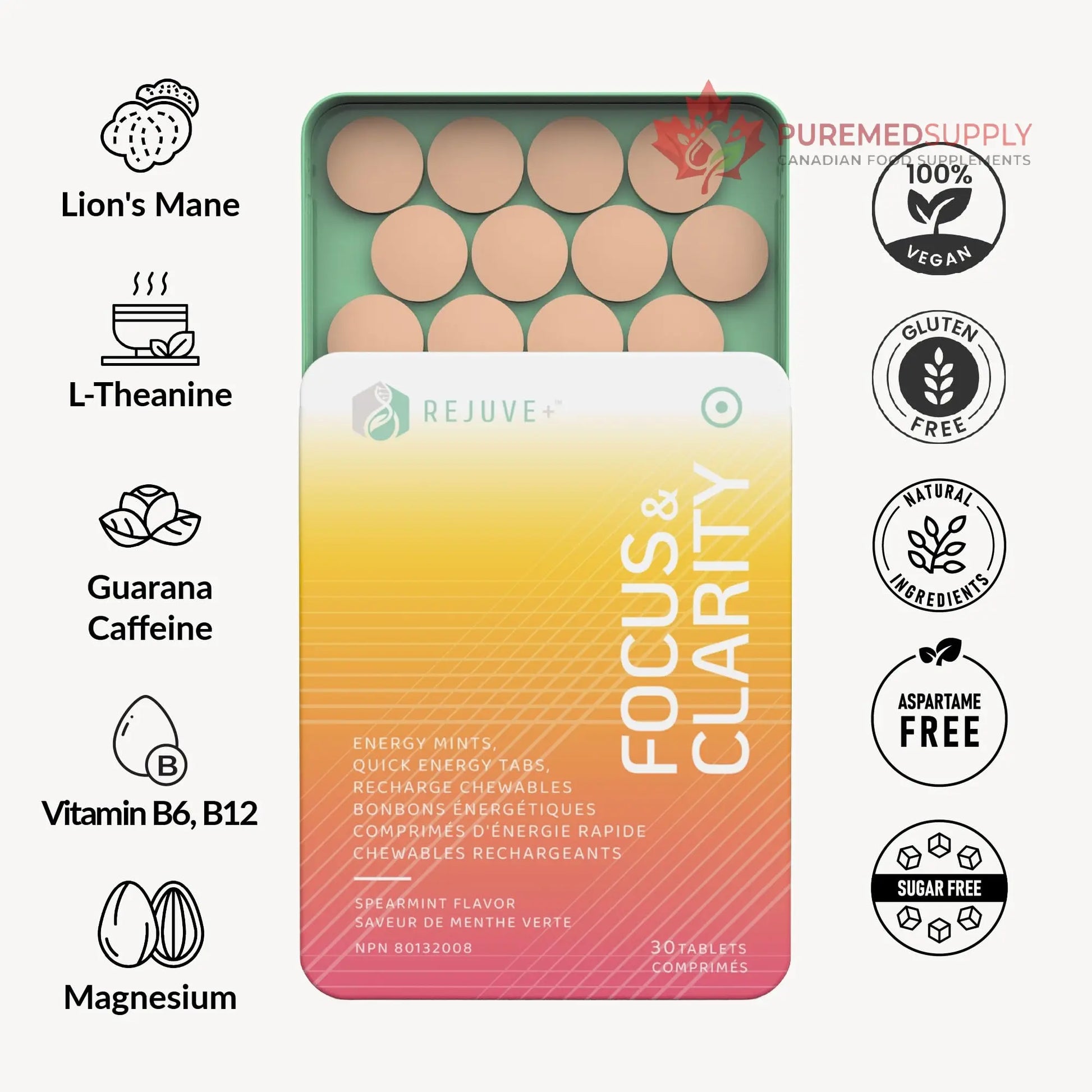 REJUVE+ Focus & Clarity Nootropic Supplement – Brian Boost | L-Theanine, Caffeine, Lion’s Mane, Magnesium, Vitamin B6 & B12 | Brain Support, Memory, Focus & Energy | Mint Flavor (30 Chewables) (1) REJUVE+ buy supplements canada