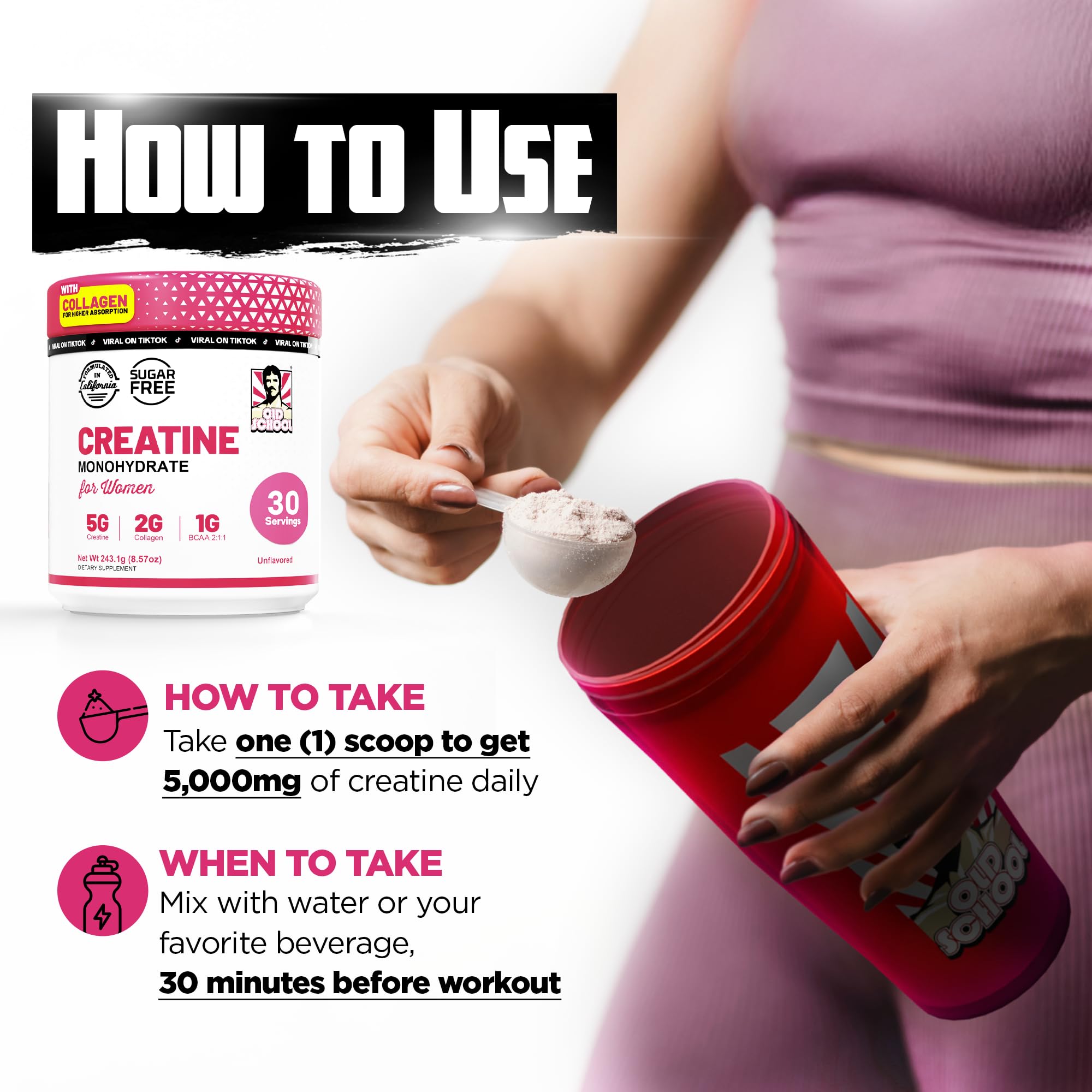 Old School Labs Creatine for Women – Post-Workout Supplement with 5000mg Creatine Monohydrate Powder, 2000mg Collagen & BCAA 2:1:1 for Strength Support & Recovery