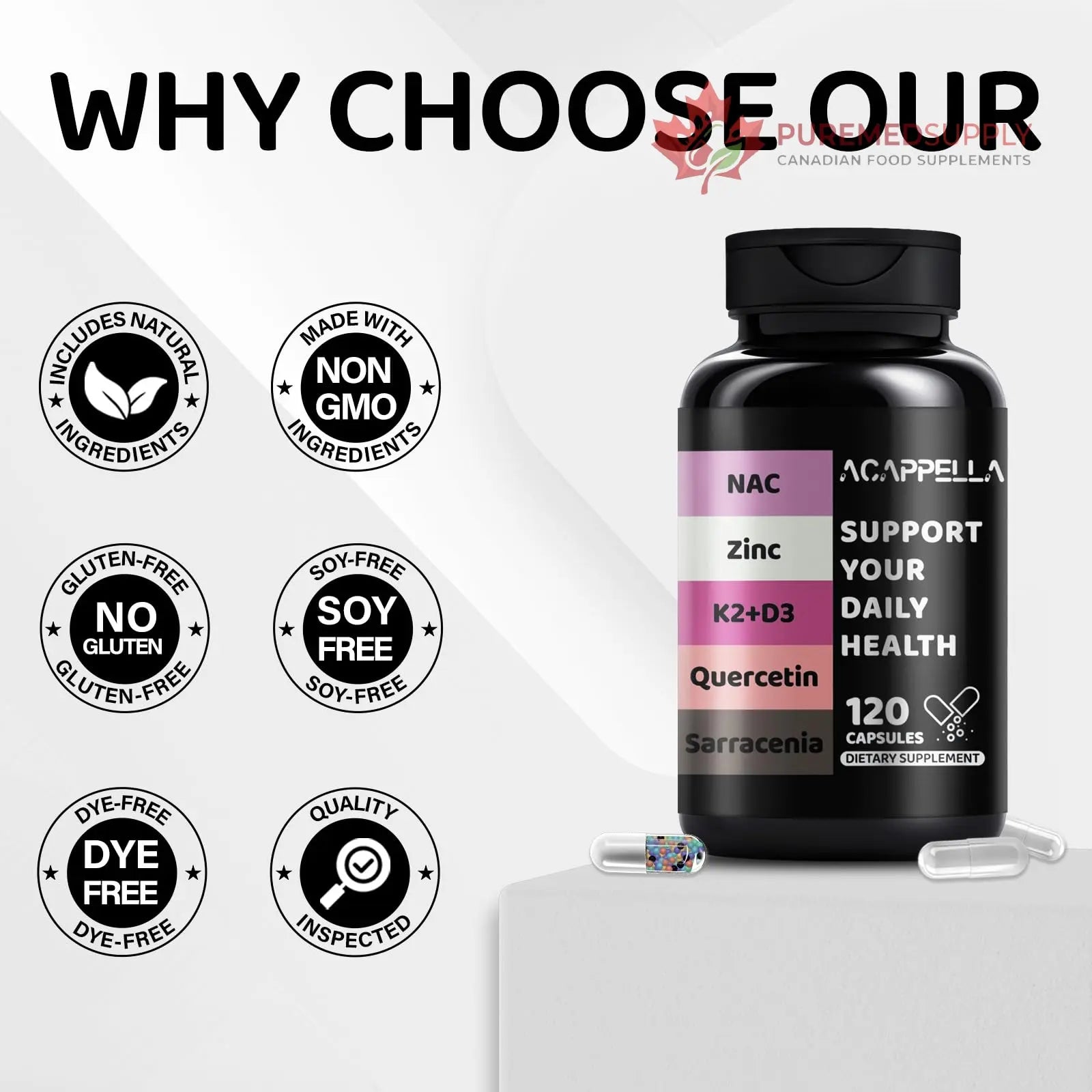 ACAPPELLA N-Acetyl Cysteine Vitamin D3 K2 Zinc Quercetin Sarracenia Purpurea NAC Supplement with Elderberry Holy Basil Bee Propolis Bromelain L-Lysin for Men & Women (1) ACAPPELLA buy supplements canada