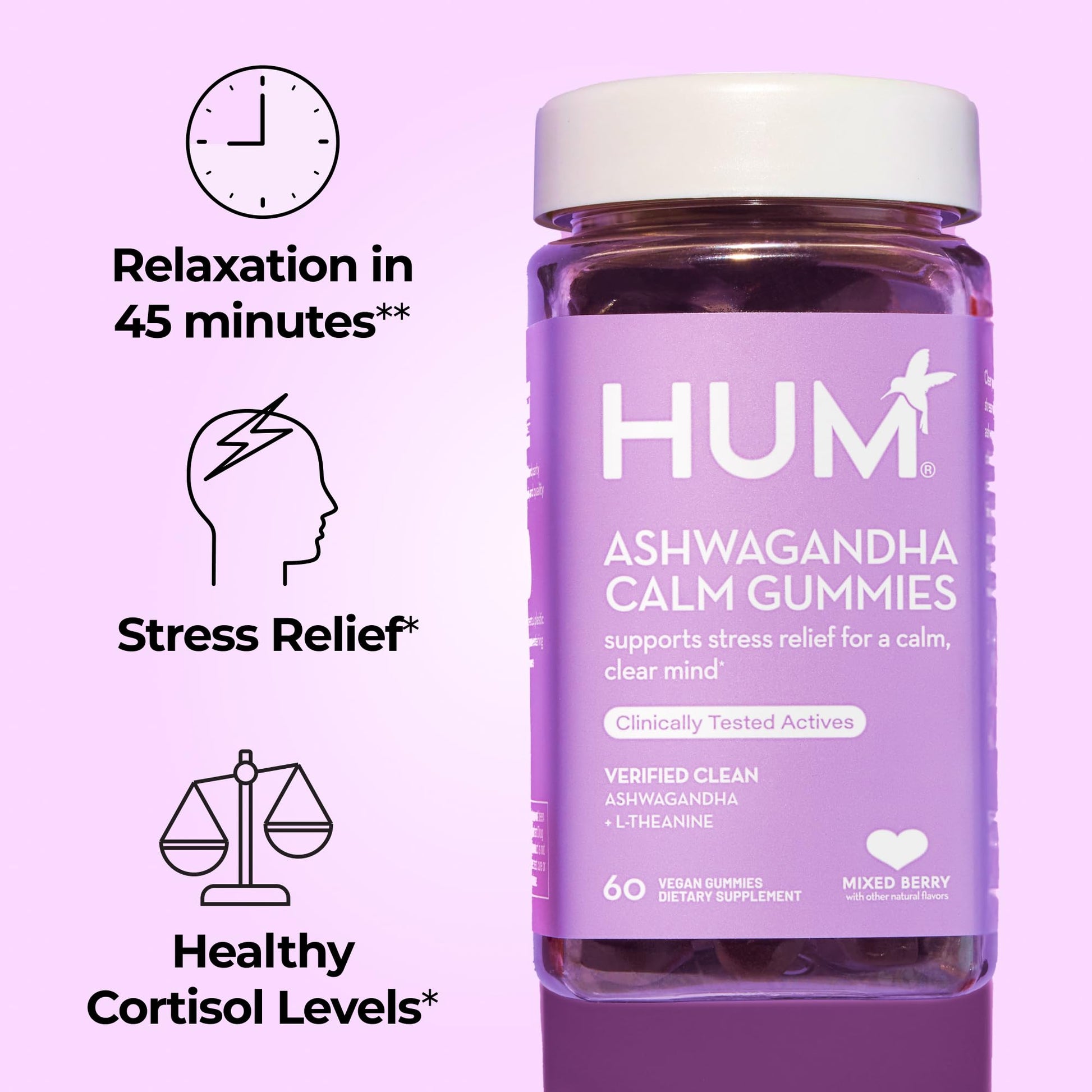HUM Calm Ashwagandha Gummies for Women and Men, L-Theanine Ashwagandha Supplements for Daily Relaxation & Clarity Support, Vegan Fast Acting Gummy Formula, Mixed Berry Flavor, 60 Gummies HUM buy supplements canada