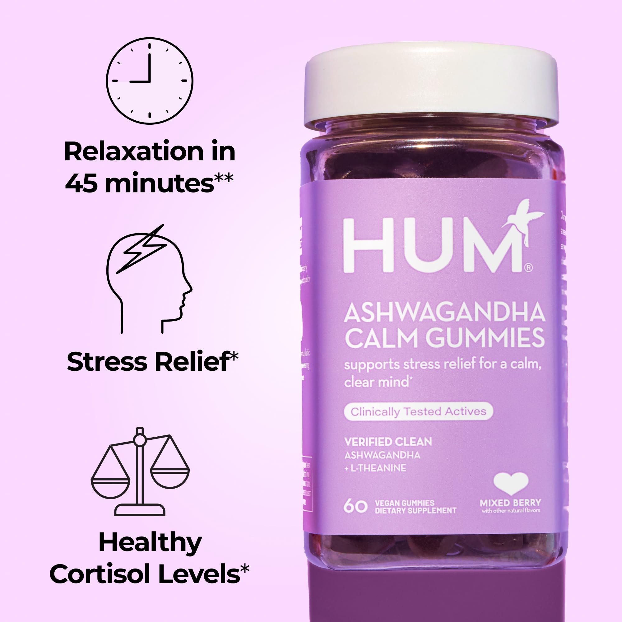 HUM Calm Ashwagandha Gummies for Women and Men, L-Theanine Ashwagandha Supplements for Daily Relaxation & Clarity Support, Vegan Fast Acting Gummy Formula, Mixed Berry Flavor, 60 Gummies HUM buy supplements canada