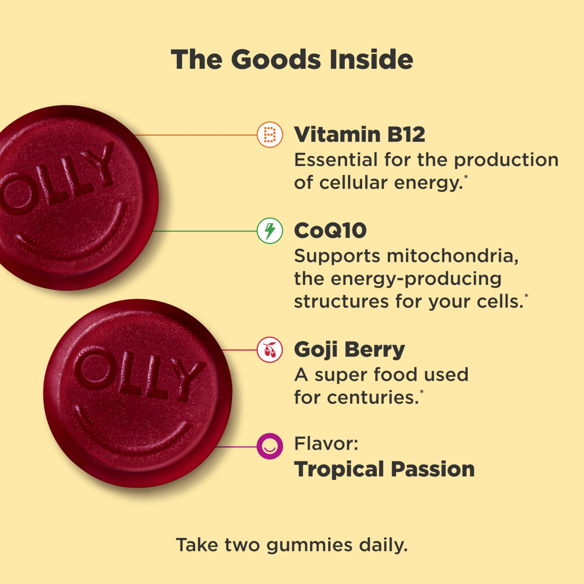 OLLY Daily Energy Gummy, Caffeine Free, Vitamin B12, CoQ10, Goji Berry, Adult Chewable Supplement, Tropical Flavor - 60 Count OLLY buy supplements canada