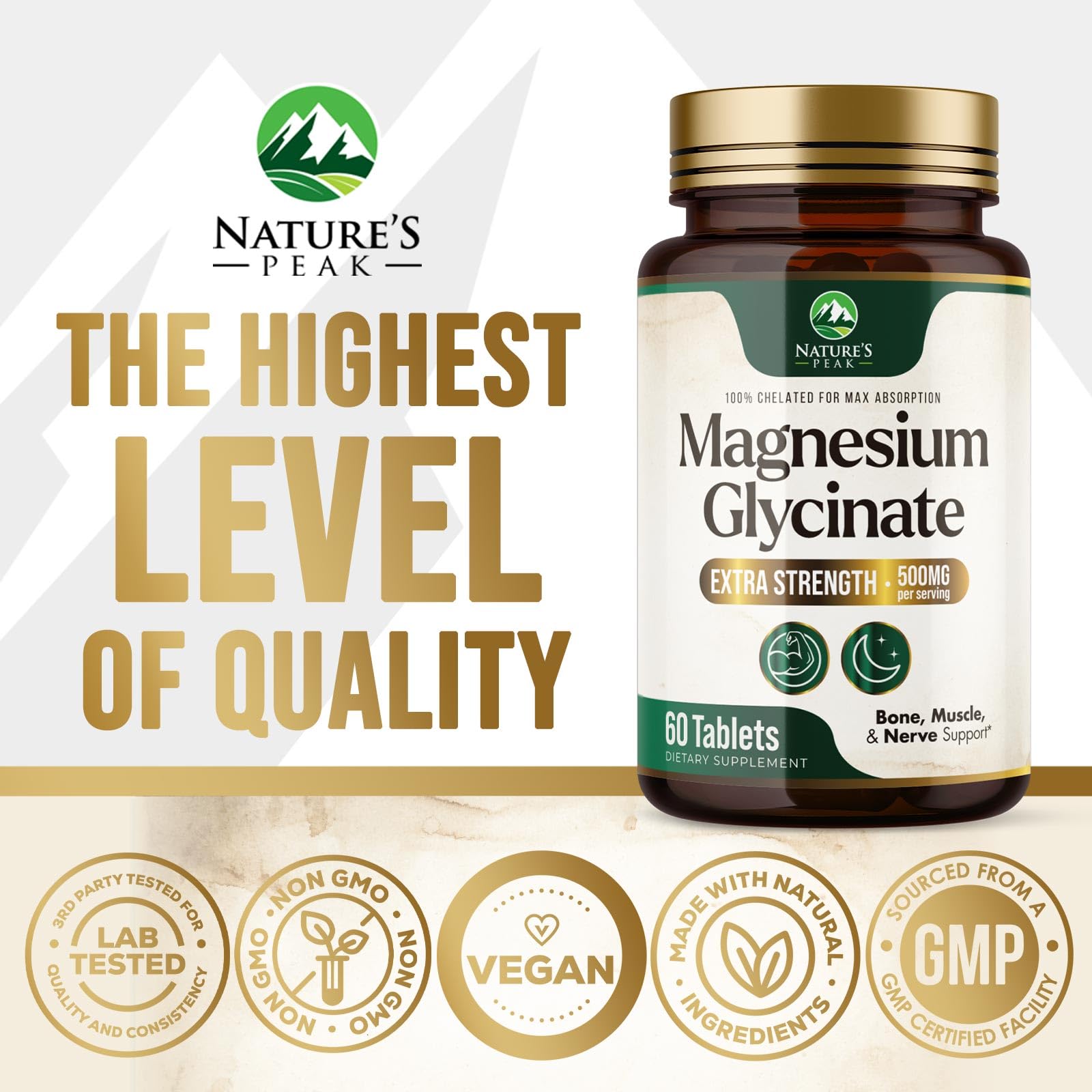 Magnesium Glycinate 500mg Per Serving - High Absorption Chelated Magnesium Supplement for Muscle, Bone and Heart Health Support - Easy Digestion & Gentle on Your Stomach - USA Bottled - 60 Tablets Nature's Peak buy supplements canada