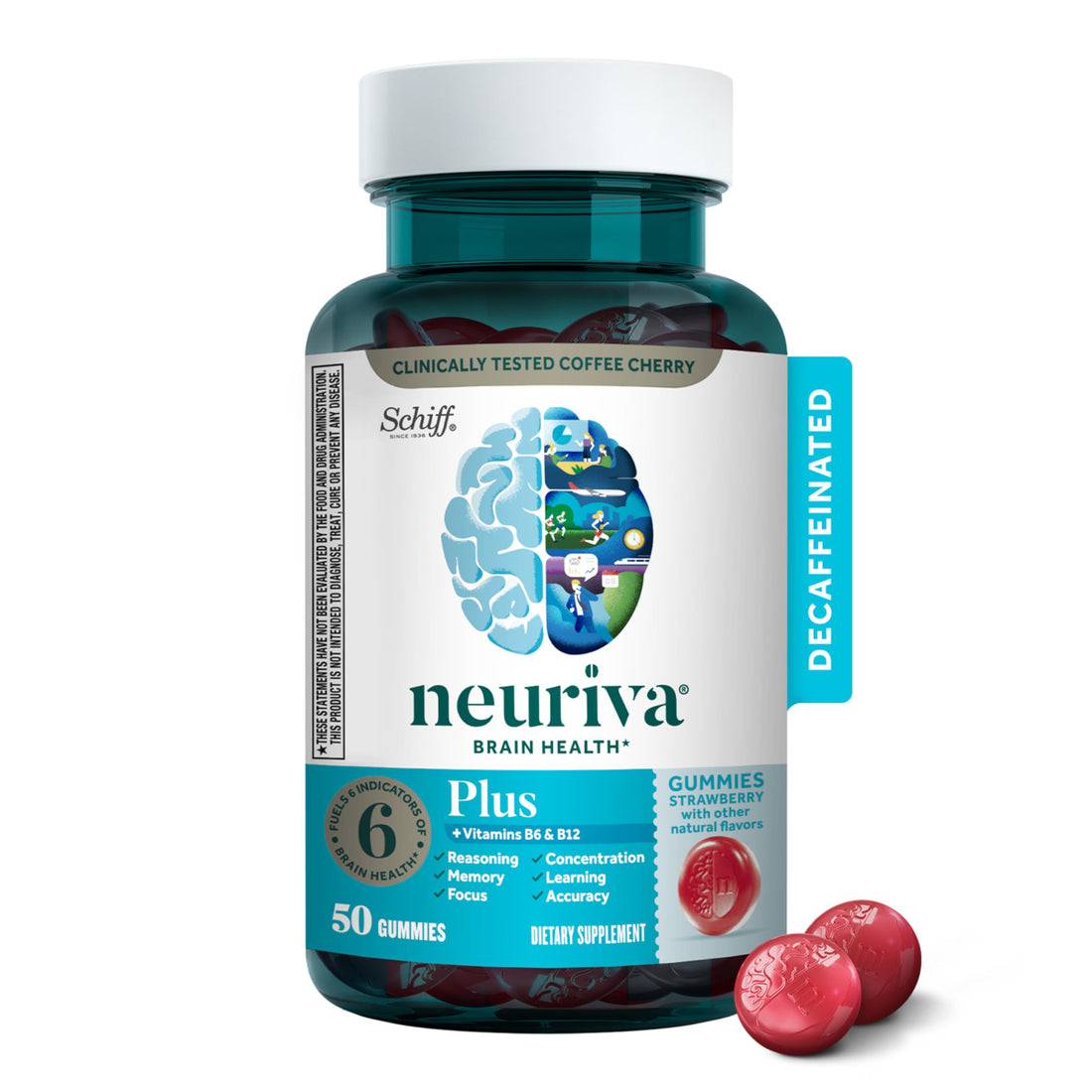 NEURIVA Plus Decaffeinated Nootropic Brain Supplement for Memory, Focus & Concentration & Cognitive Function, Clinically Tested NeuroFactor, Phosphatidylserine, Vitamins B6 B12,50ct Strawberry Gummies NEURIVA buy supplements canada
