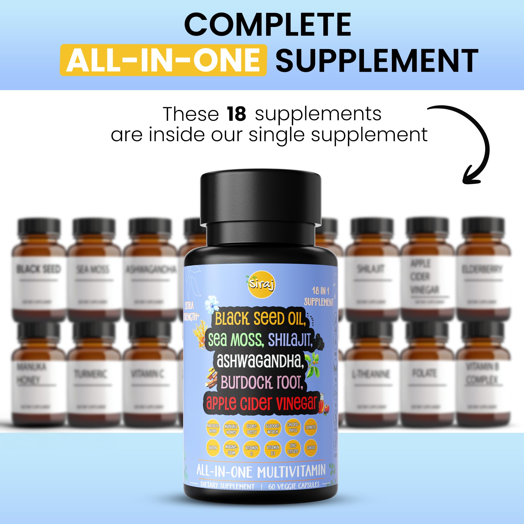Siraj 18-in-1 Superfood Multivitamin - Irish Sea Moss, Black Seed Oil, Shilajit, Ashwagandha, 5% Thymoquinone, Burdock Root, Nootropic Supplement for Immunity, Focus, Energy and Mood - 60 Capsules Siraj buy supplements canada