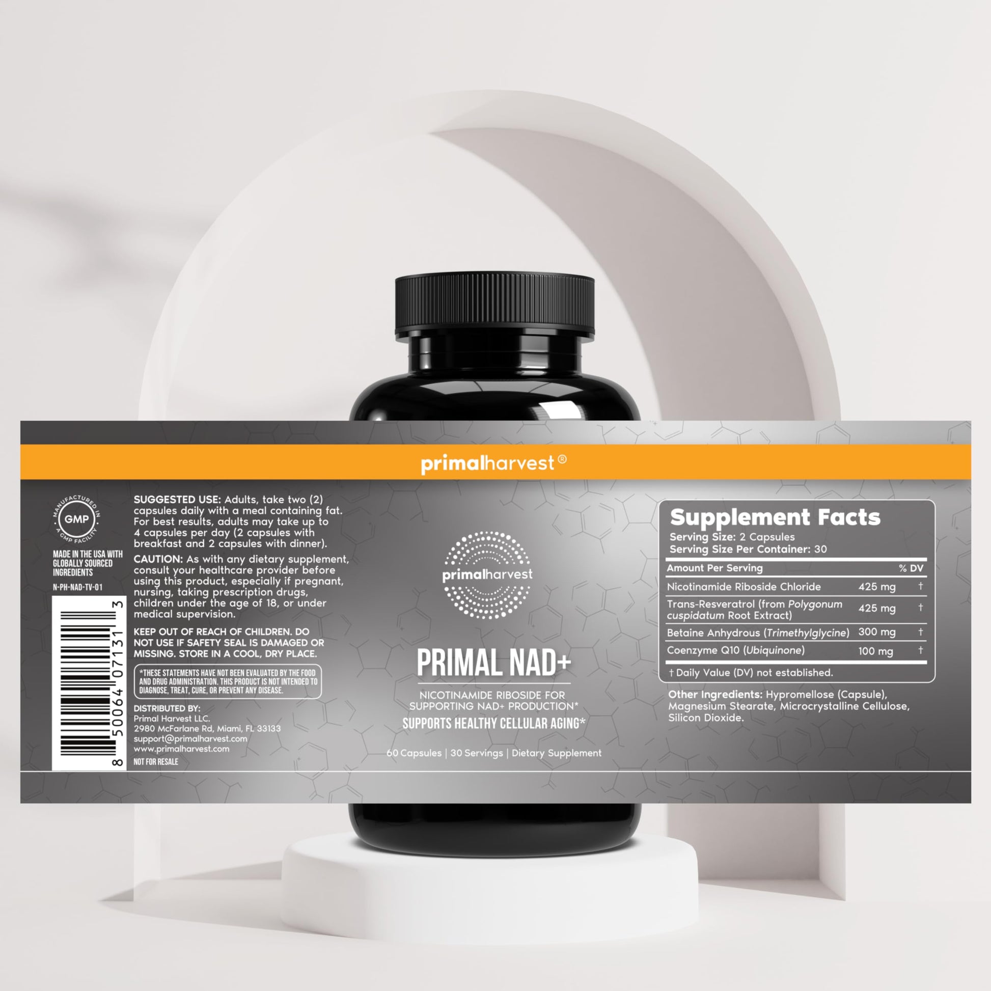 Primal Harvest NAD+ Supplement: Nicotinamide Riboside, Trans-Resveratrol, Betaine, CoQ10, NAD Supplements for Cellular Health, Energy, and Mitochondrial Support Primal Harvest buy supplements canada