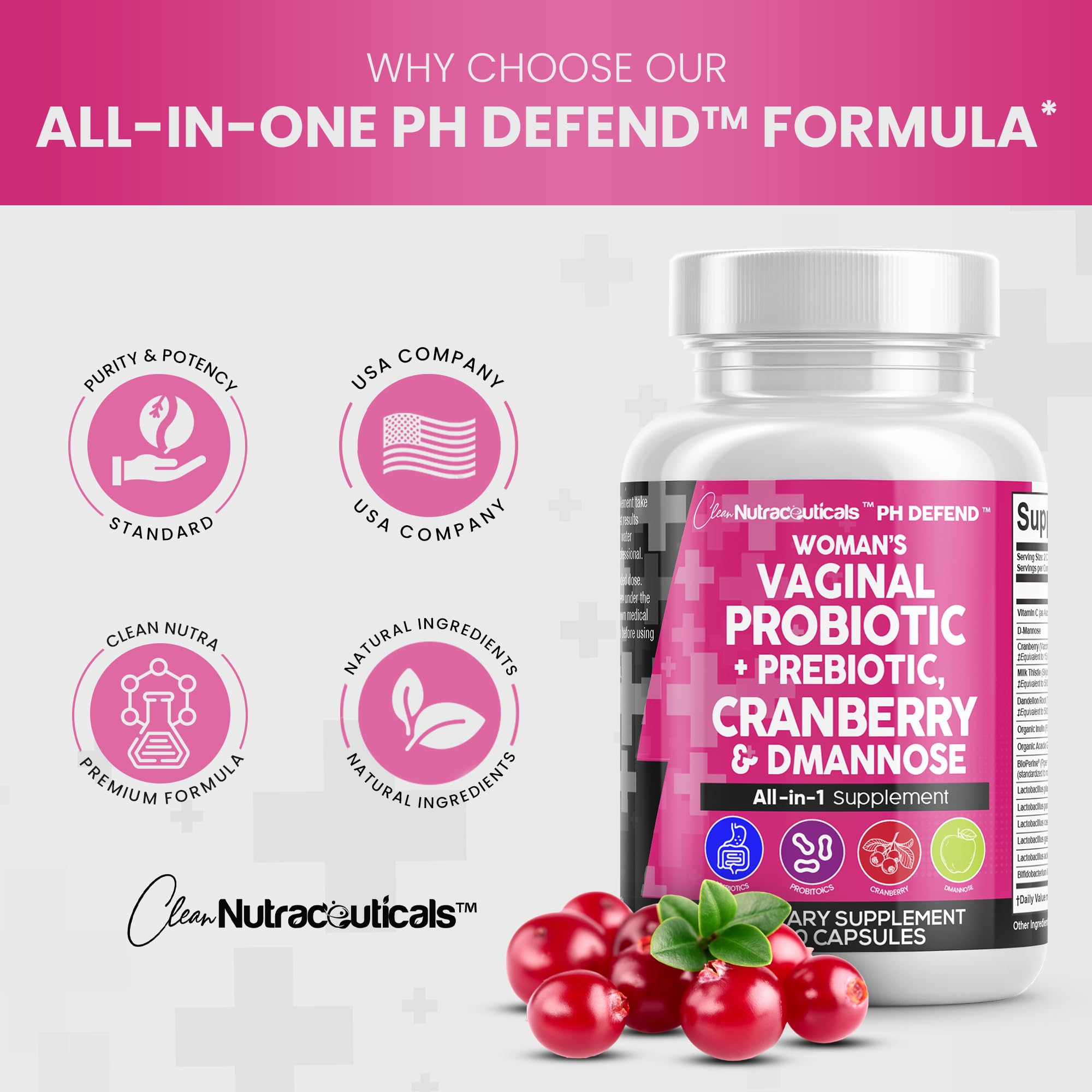 Vaginal Probiotics For Women + Prebiotics 20 Billion Cranberry Pills 30,000mg w/ D-Manno Clean Nutraceuticals buy supplements canada