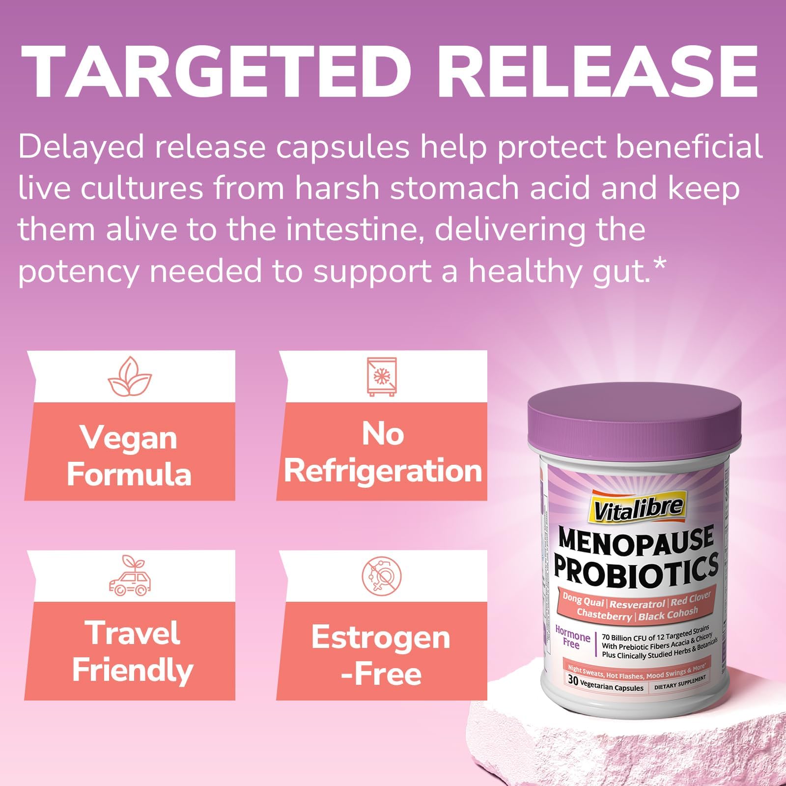 Vitalibre Menopause Probiotics for Women 70 Billion CFU, 12 Targeted Strains, Organic Prebiotics, Black Cohosh Resveratrol Red Clover Chasteberry Dong Quai, Hot Flash Night Sweat+, No Estrogen, 30 Ct Vitalibre buy supplements canada