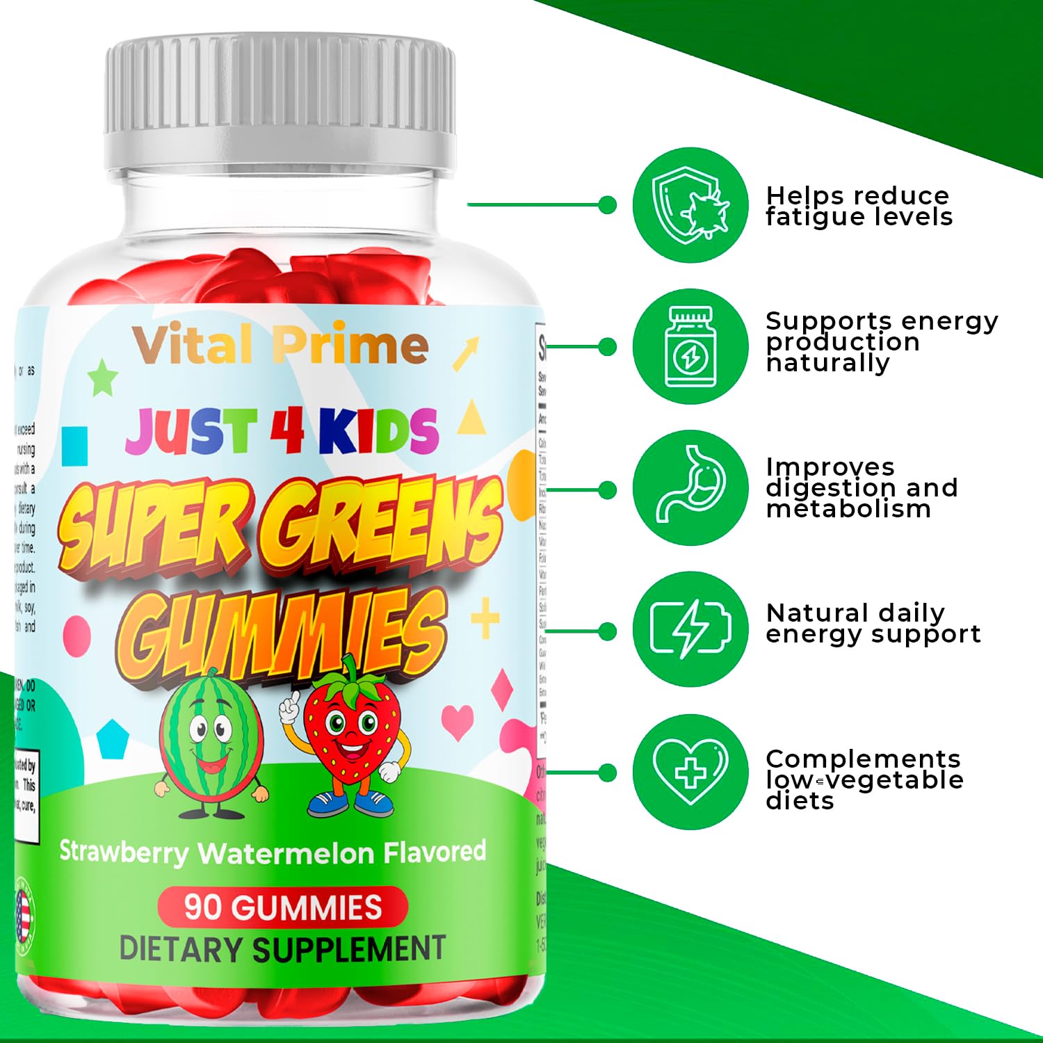 FourRoar Vital Prime Super Green Gummies for Kids 90 Count Strawberry & Watermelon Flavor | Fruit and Vegetable Gummies | Vegan Veggies Gummy Multivitamin for Kids FourRoar buy supplements canada