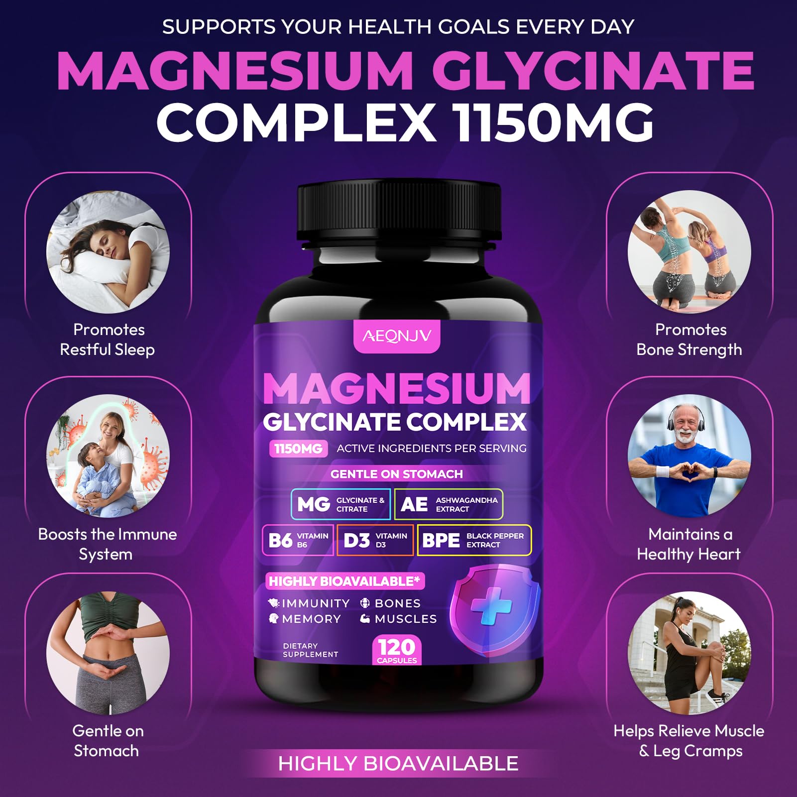 Magnesium Glycinate Complex 1150mg - Gentle on Stomach High Absorption Magnesium Capsules with Citrate, Silica, Ashwagandha & Vitamin B6 for Zzz, Stress Relief, Muscle Support for Adults, Women & Men AEQNJV buy supplements canada