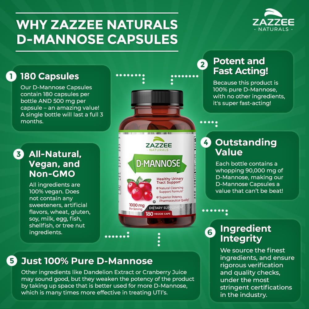 Zazzee D-Mannose, 1000 mg per Serving, 180 Vegan Capsules, 3 Month Supply, Potent Zazzee buy supplements canada