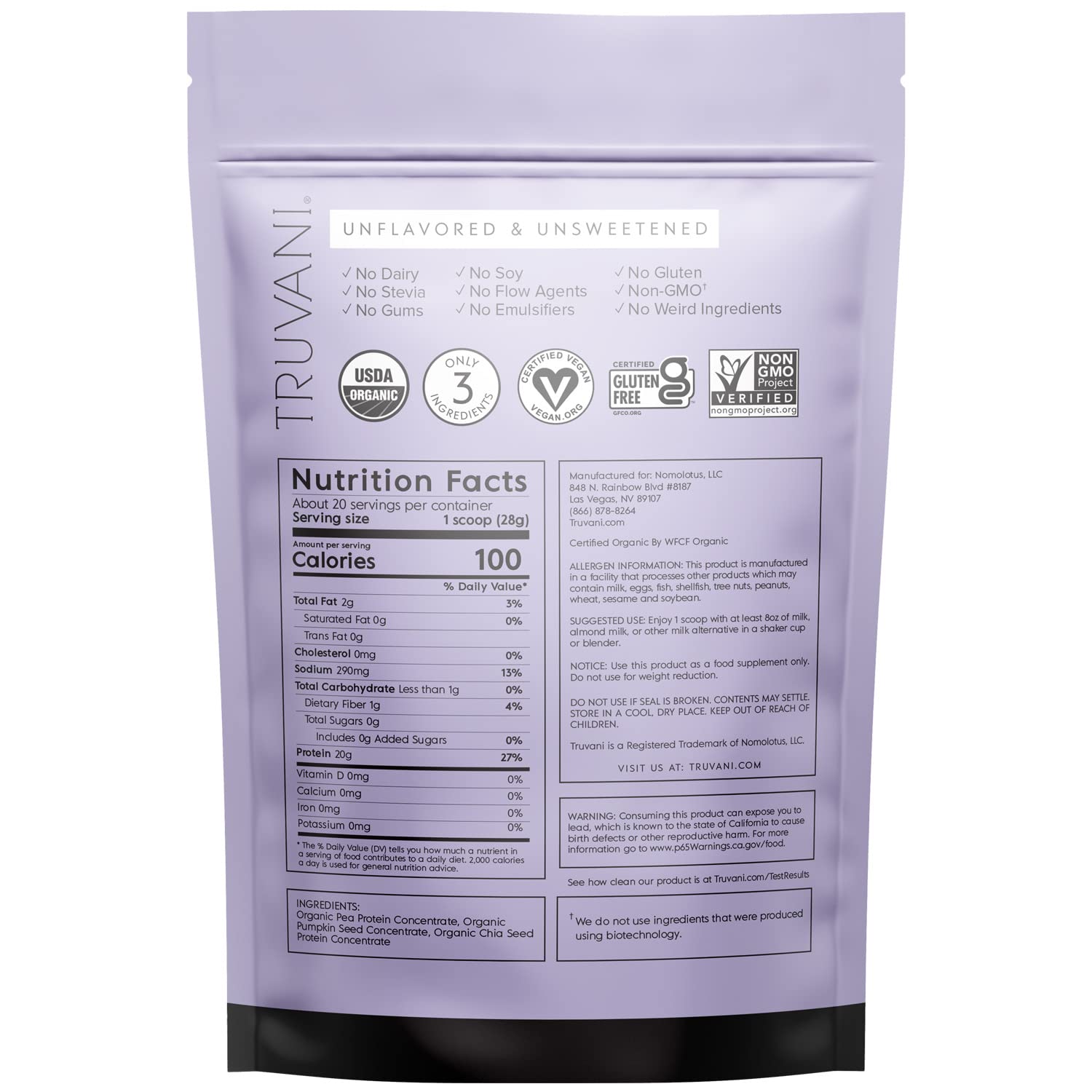 Truvani Organic Vegan Protein Powder Unflavored - 20g of Plant Based Protein, Organic Truvani buy supplements canada