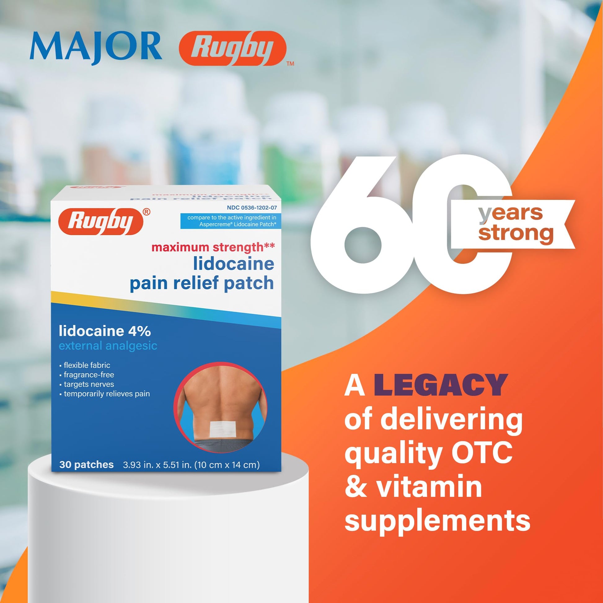 Rugby Maximum Strength Lidocaine Pain Relief Patch - 4% Lidocaine - Topical Anesthetic - Unscented - 30 Patches (1 Pack) RUGBY LABORATORIES buy supplements canada
