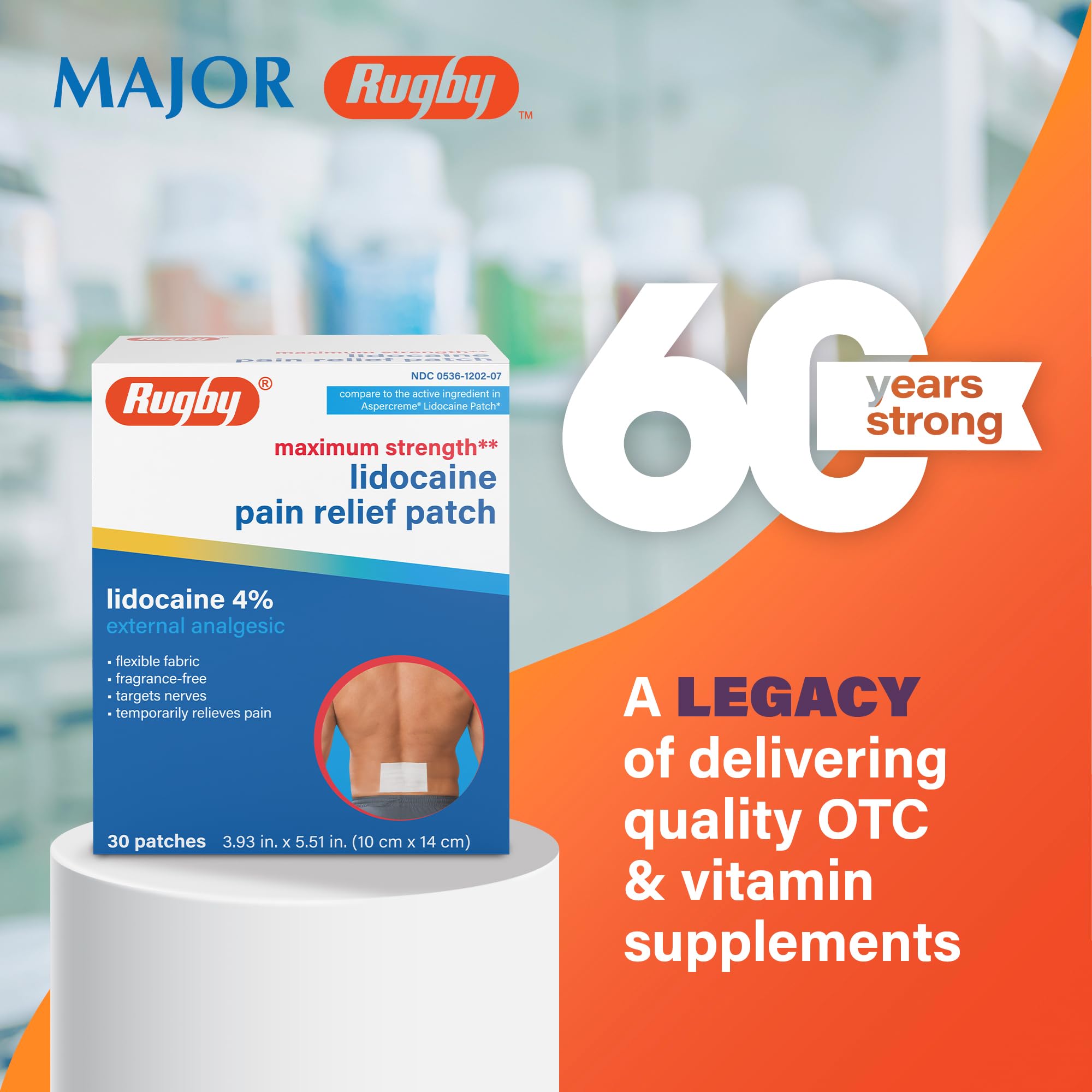 Rugby Maximum Strength Lidocaine Pain Relief Patch - 4% Lidocaine - Topical Anesthetic - Unscented - 30 Patches (1 Pack) RUGBY LABORATORIES buy supplements canada