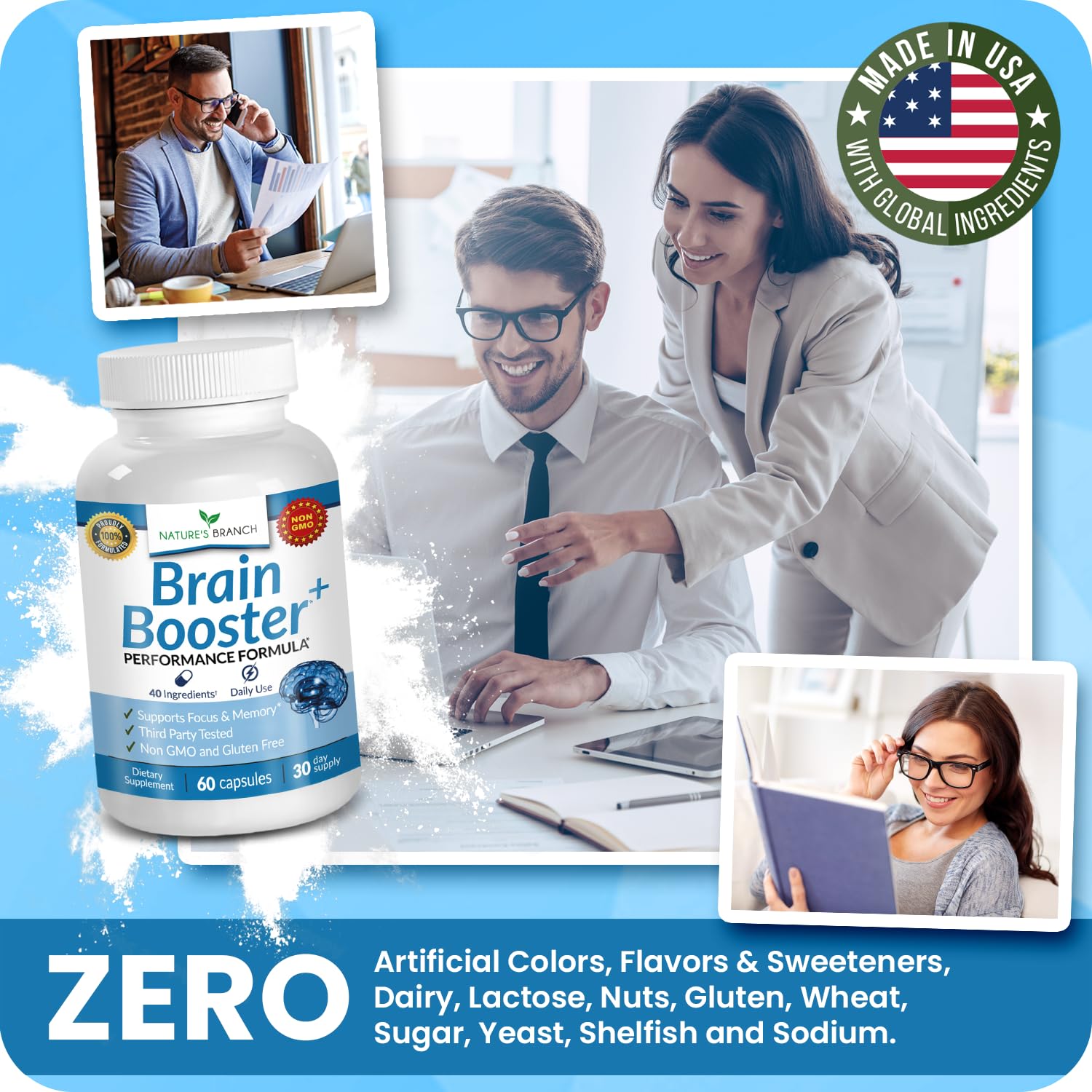 40-in-1 Brain Booster Supplement for Focus, Memory, Clarity, Energy | Advanced Vitamins Plus eBook | for Men & Women, Cognitive Function Nootropic Support with DMAE, Mind Health Formula | 60 Capsules NATURE'S BRANCH buy supplements canada