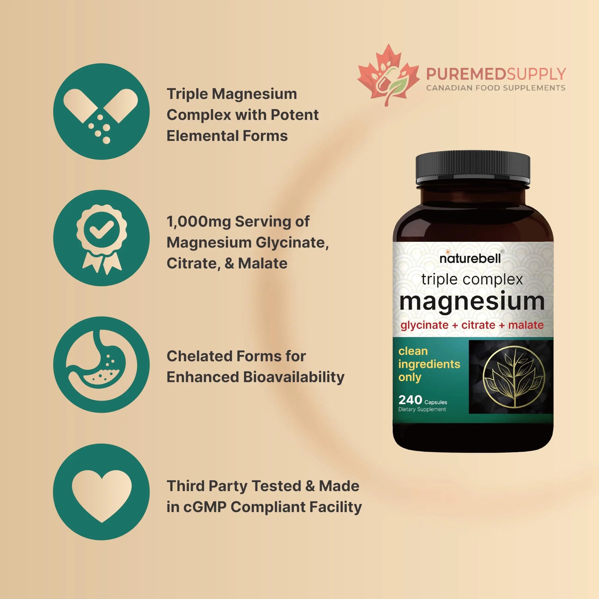 NatureBell Magnesium Complex for Women & Men 1,000mg Per Serving – 240 Capsules – Triple Magnesium Complex with Glycinate, Citrate & Malate – Chelated & Purified – Non‑GMO, Filler Free NatureBell buy supplements canada