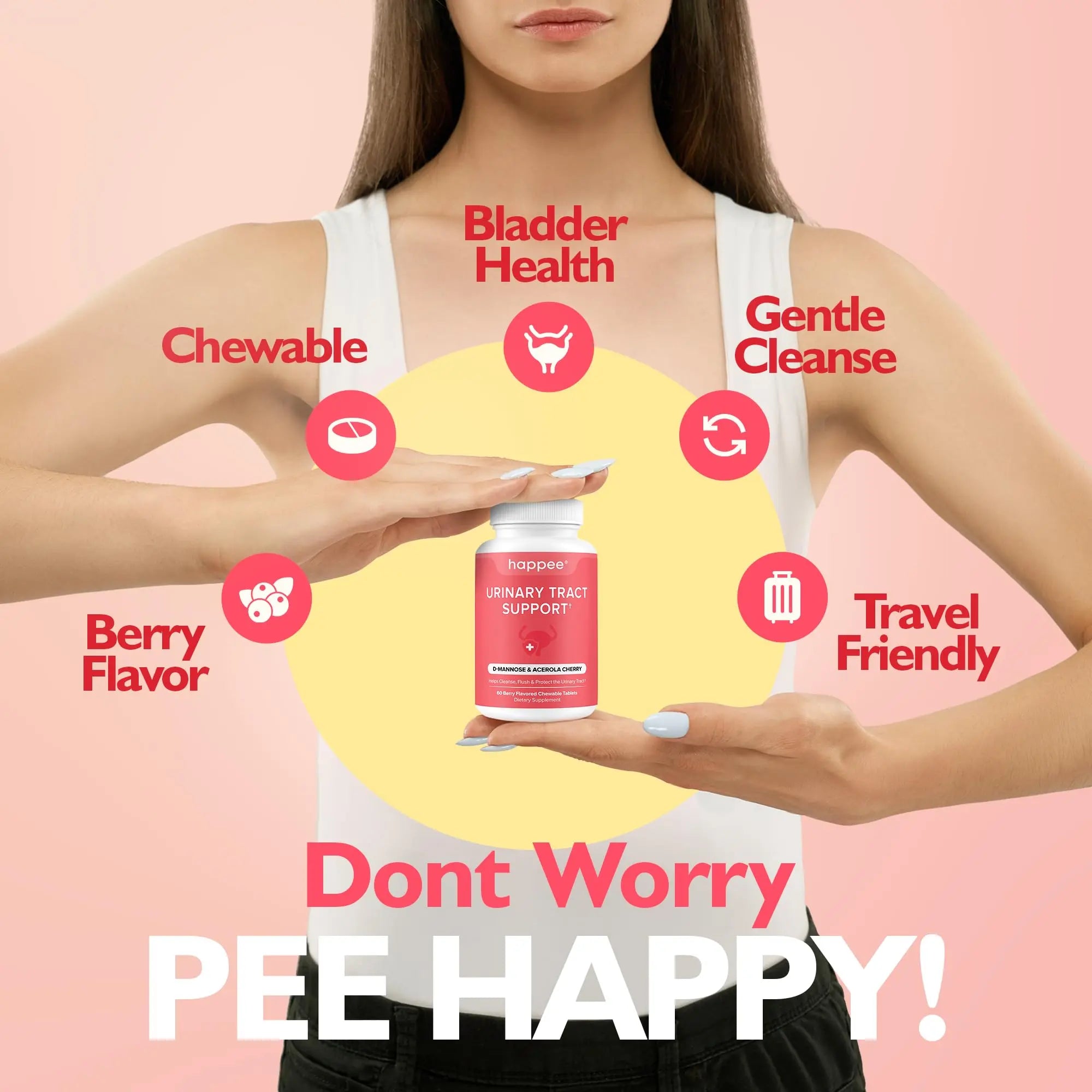Happee Urinary Tract Health Supplement for Women & Men – Fast-Acting UTI Relief and Prevention, 500mg D-Mannose & Antioxidants, Supports Kidney and Bladder Health, Berry Flavor, 60 Chewables Happee buy supplements canada