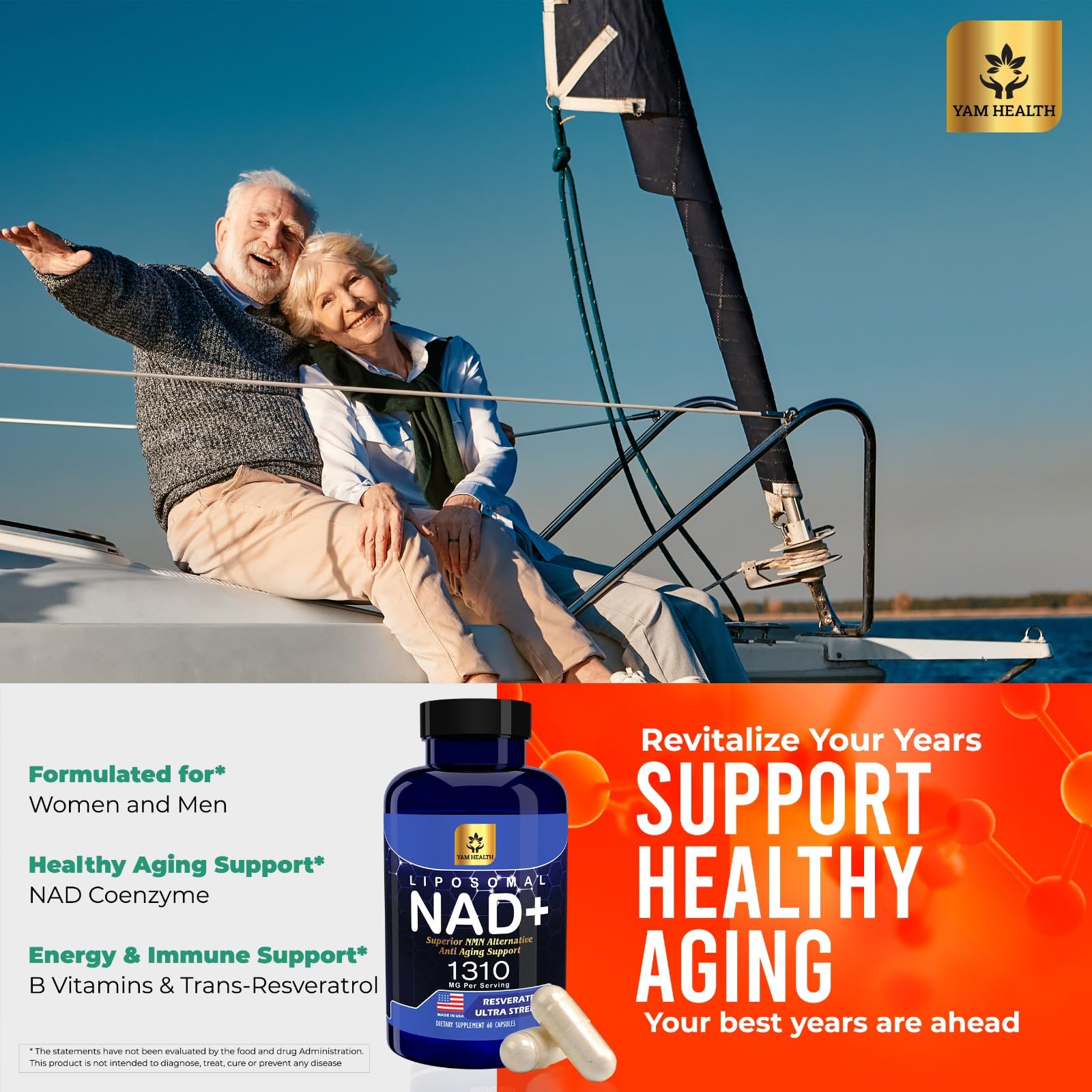 YAM Health Liposomal NAD Nicotinamide Riboside Equivalent with Trans-Resveratrol 300mg, Premium Halal NAD Supplement for Energy Metabolism, DNA Repair and Longevity, Vegan, Non-GMO (60 Count) YAM Health buy supplements canada