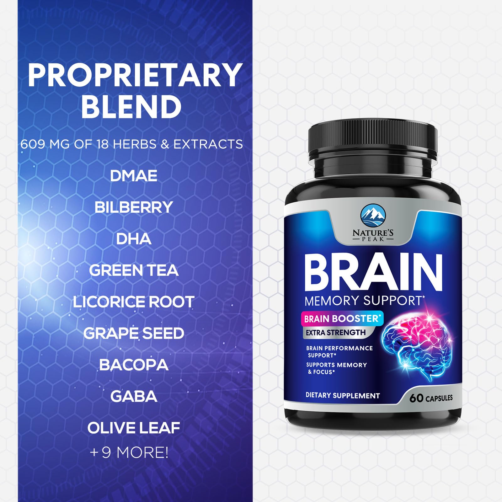 Brain Memory Supplement - 3X Strength Nootropics for Concentration, Clarity & Focus Support - Brain Health Cognitive Vitamins with Bacopa, Phosphatidylserine & DMAE, Brain Booster Pills, 60 Capsules Nature's Peak buy supplements canada