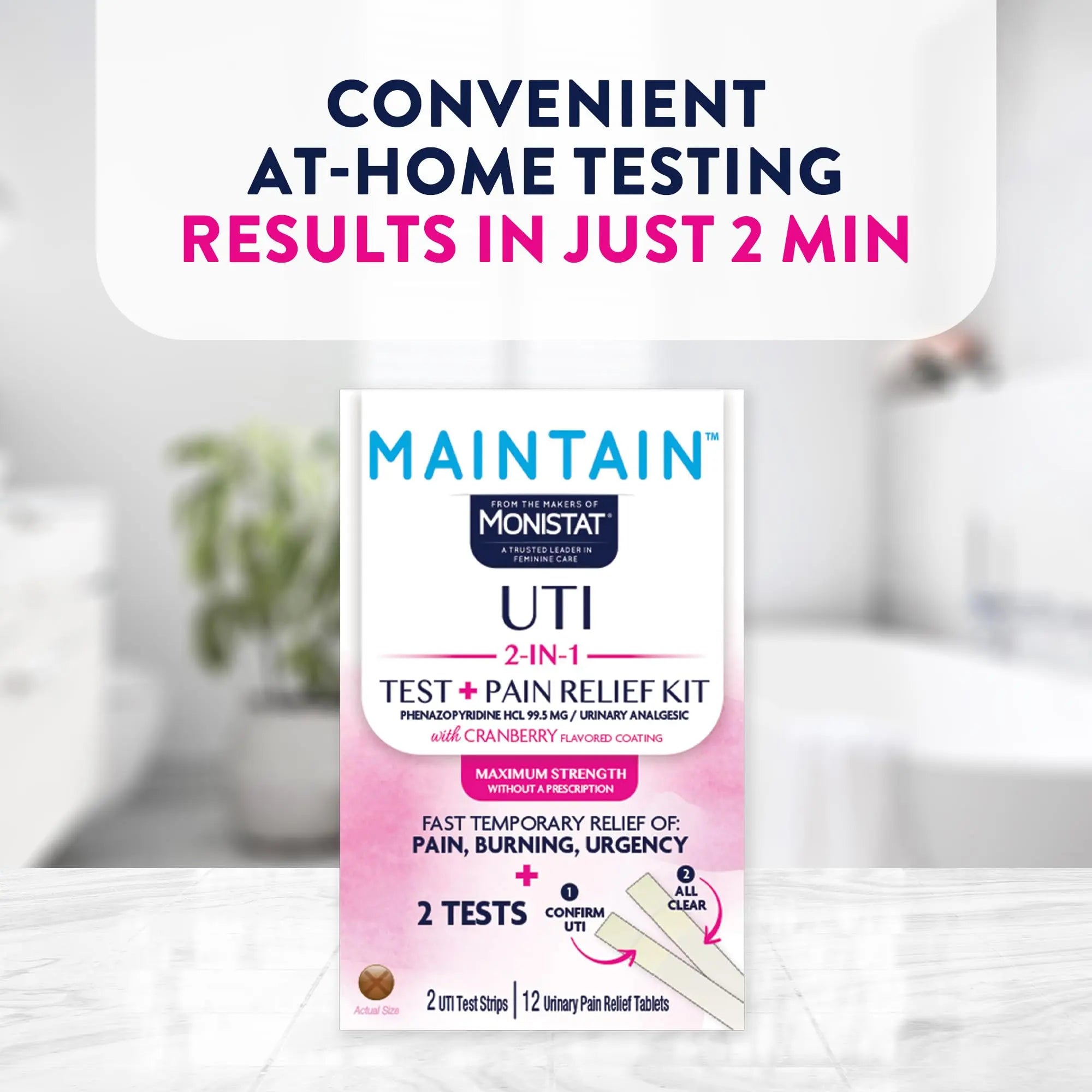 Monistat Maintain UTI 2-in-1 Test & Pain Relief Kit, 2 Test Strips & 12 Urinary Pain Relief Tablets, 2 Minute Results and Maximum Strength Pain, Burning and Urgency Relief Monistat buy supplements canada