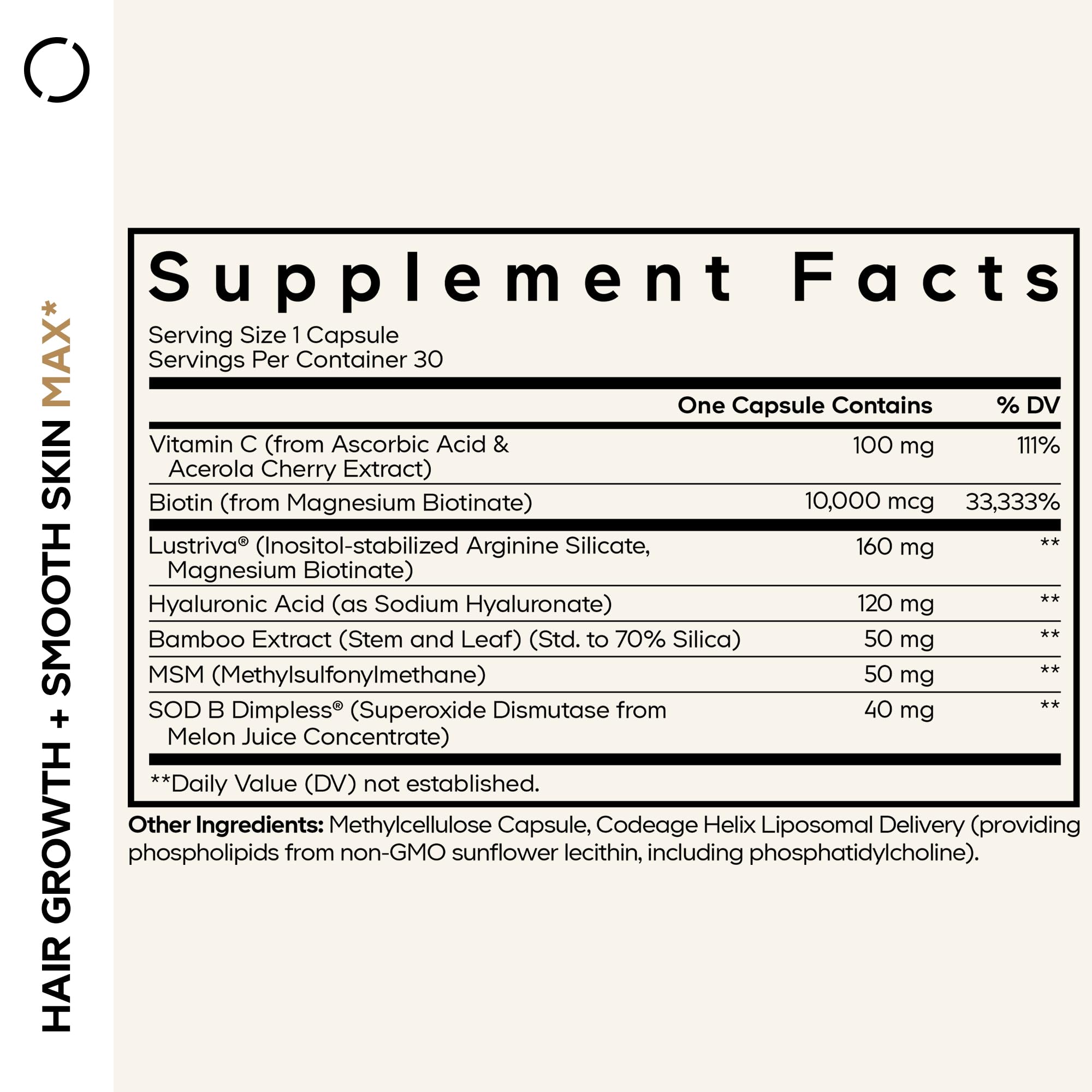 Codeage Hair Growth + Smooth Skin Max Vitamins Supplement - Patented Lustriva & SOD B Dimpless Superoxide Dismutase - Hair Growth Health Skin Cellulite Support - Biotin, Vitamin C, MSM - 30 Capsules Codeage buy supplements canada