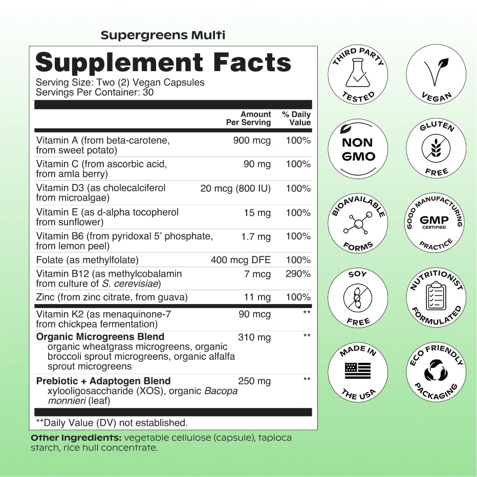 wholier Supergreens Multi, Daily Greens, Vegan Multivitamin for Women + Men, Whole Food Vitamins + Minerals, Prebiotics for Gut Health, Adaptogens (60 Vegan Capsules) Glass Bottle wholier buy supplements canada