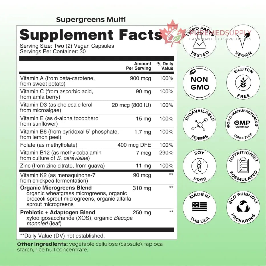 wholier Supergreens Multi, Daily Greens, Vegan Multivitamin for Women + Men, Whole Food Vitamins + Minerals, Prebiotics for Gut Health, Adaptogens (60 Vegan Capsules) Glass Bottle wholier buy supplements canada