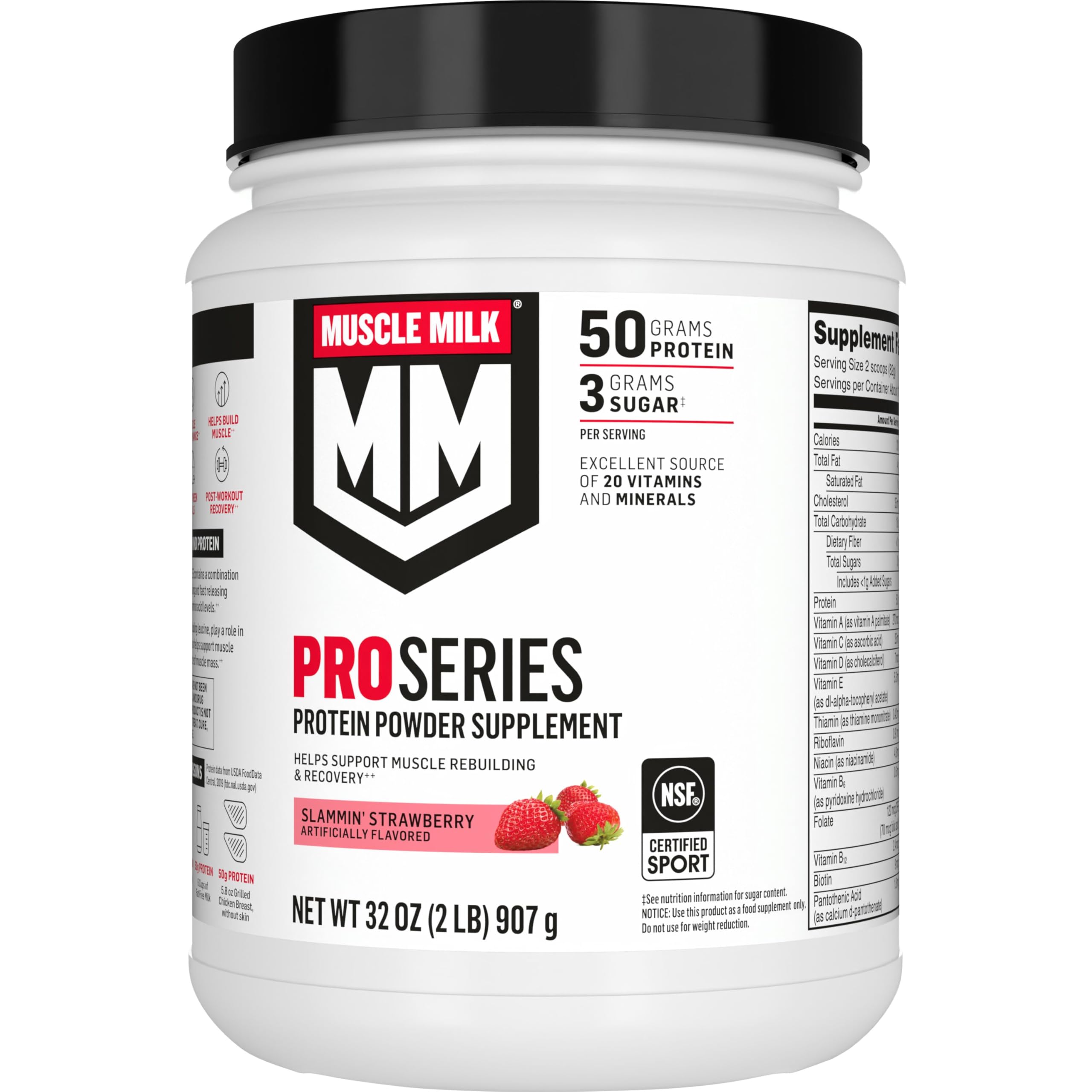 Muscle Milk Pro Series Protein Powder Supplement, Slammin' Strawberry, 2 Pound, 11 Servings, 50g Protein, 3g Sugar, 20 Vitamins & Minerals, NSF Certified for Sport, Packaging May Vary Muscle Milk buy supplements canada