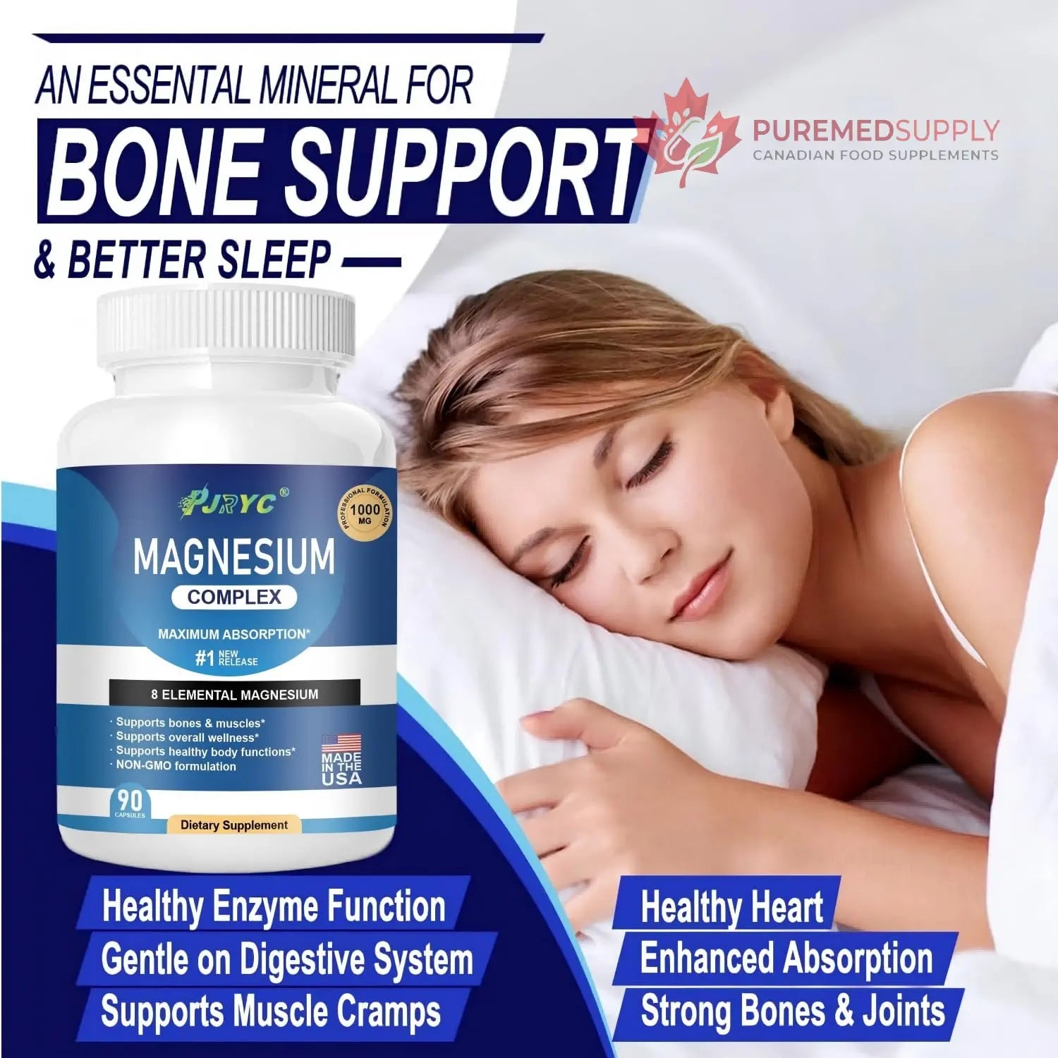 Magnesium Complex Supplement - 1000mg with 8 Magnesium Forms: Glycinate, Citrate, Malate, Taurate & Orotate - Supports Muscle Function, Bone Strength & Relaxation - Vegan, Non-GMO - 180 Capsules PJRYC buy supplements canada