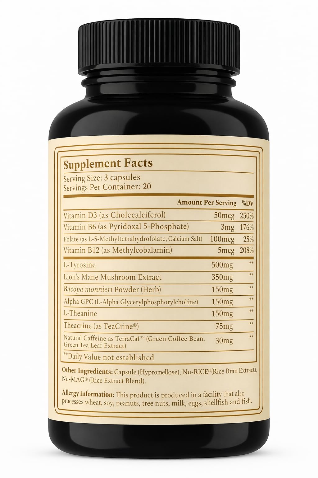 AURUM BOTANICA Best Brain Supplement for Memory and Focus - L-Theanine, Lion's Main, Vitamin B6, B12, D3, Folate, L-Tyrosine, Bacopa Monnieri, Alpha GPC, Theacrine, 30mg of Natural Caffeine (60 Count) AURUM BOTANICA buy supplements canada