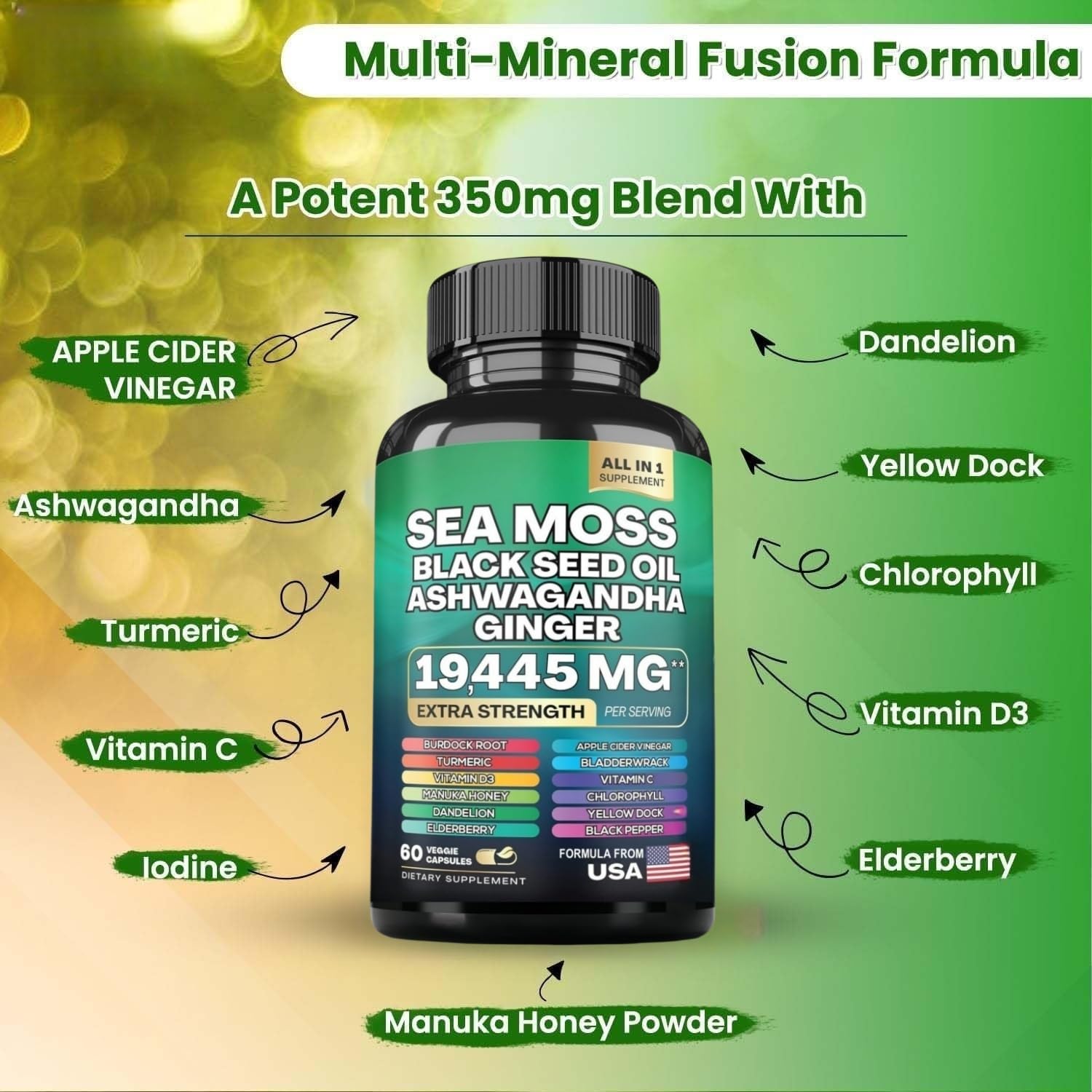 HealthyFinds Sea Moss Black Seed Oil Ashwagandha Ginger Capsules with Turmeric Bladderwrack Burdock & Vitamin C Vitamin D3 with Elderberry Manuka Dandelion Yellow Dock Iodine Chlorophyll ACV HealthyFinds buy supplements canada